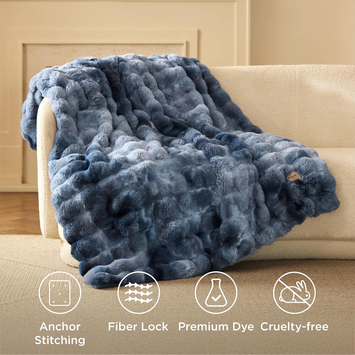 Bedsure GentleSoft Fluffy Faux Fur Blanket Twin Size, Fuzzy Soft Bubble Blanket for Couch, Faux Fur Decor for Home Bedroom Living Room, Thick Furry Cozy Gifts for Women, Tie-dye Blue, 60x80 Inch
