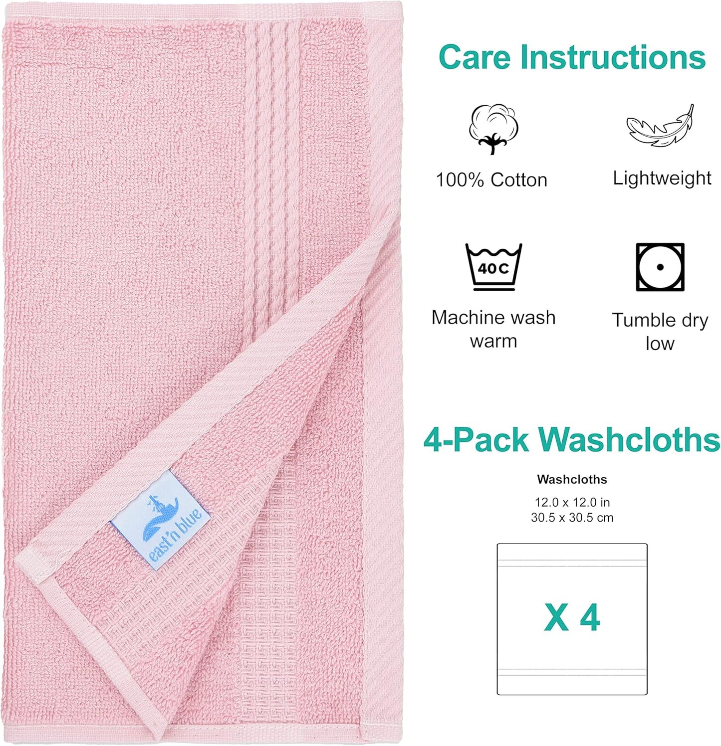 EastNBlue Lara 100% Turkish Cotton Washcloths 4 Pack, Extra Soft & Absorbent Wash Cloths for Face & Body (12" x 12"), Terry Cloth, Small Hand Towels for Bathroom, Rose (Pink)