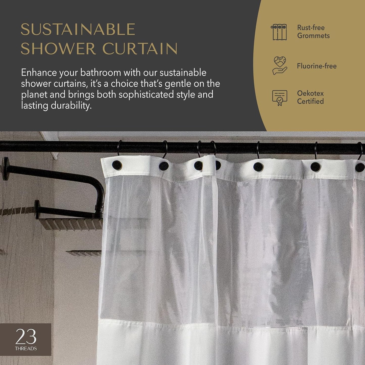 23 THREADS Fabric Shower Curtain for Bathroom, Water Resistant, Made from Sustainable Yarns, White, Herringbone Weave, with Window