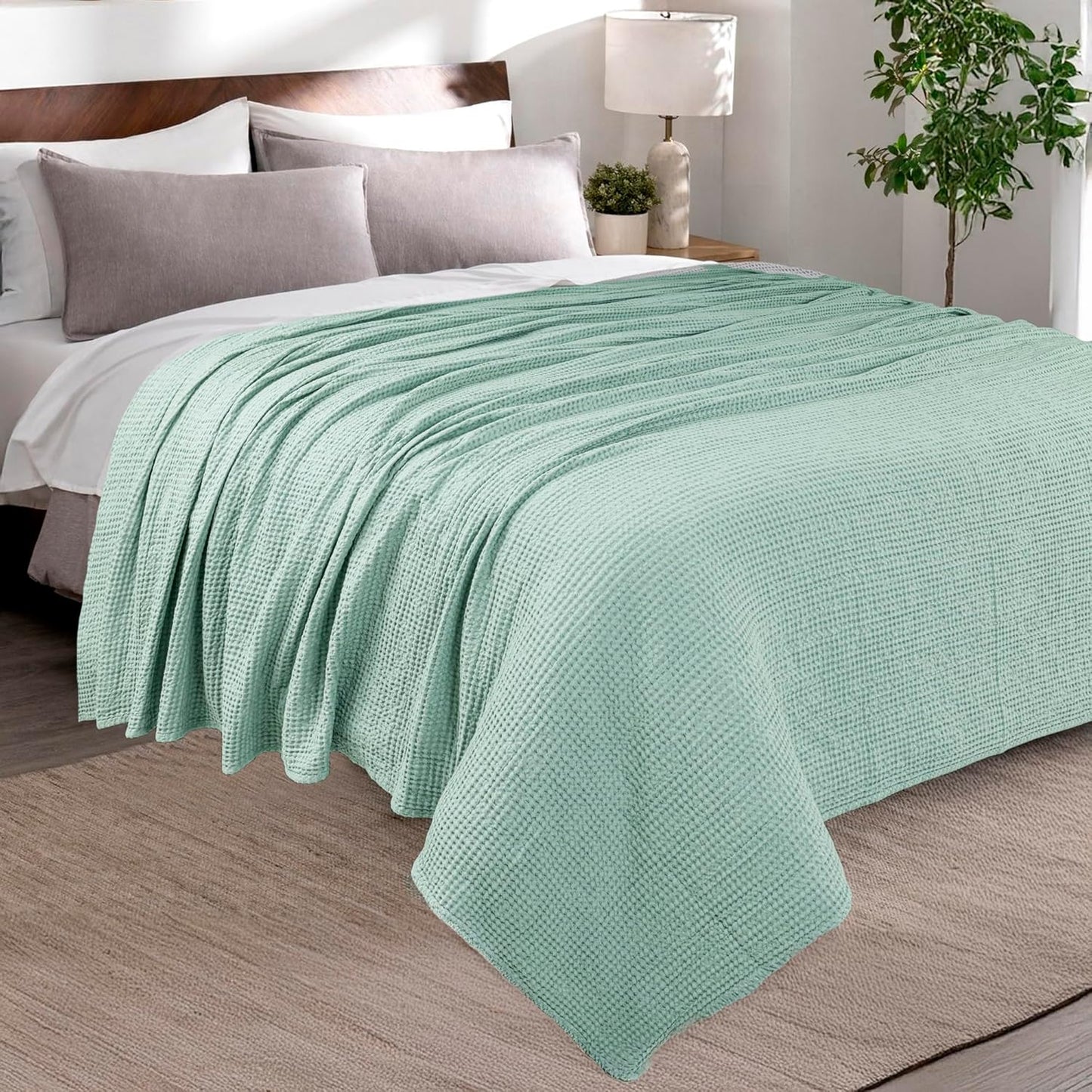 HILLFAIR 100% Cotton Blanket- 120"x120" XXL Oversized King Bed Blankets- Family Size 10 ft x 10 ft Big- Waffle Blankets, All Season Soft Breathable Extra Large King Cotton Blanket for Bed: Sage