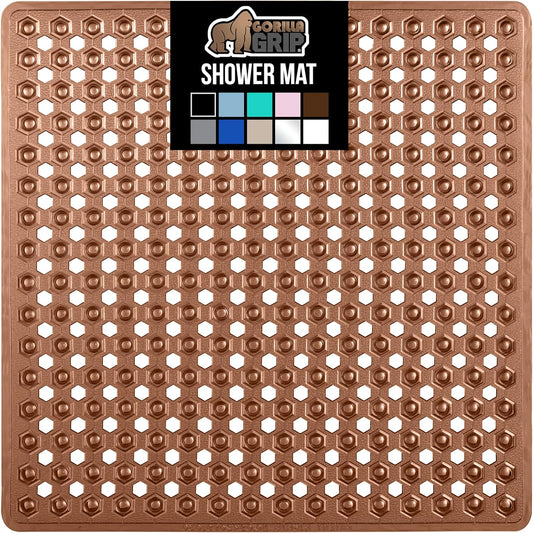 GORILLA GRIP Patented Square Shower Stall Mat, Small Bathtub Floor Mats for Stand Up Showers with Suction Cups and Drainage Holes, Machine Wash, Soft on Feet, Bathroom Accessories 21x21 Inch, Brown