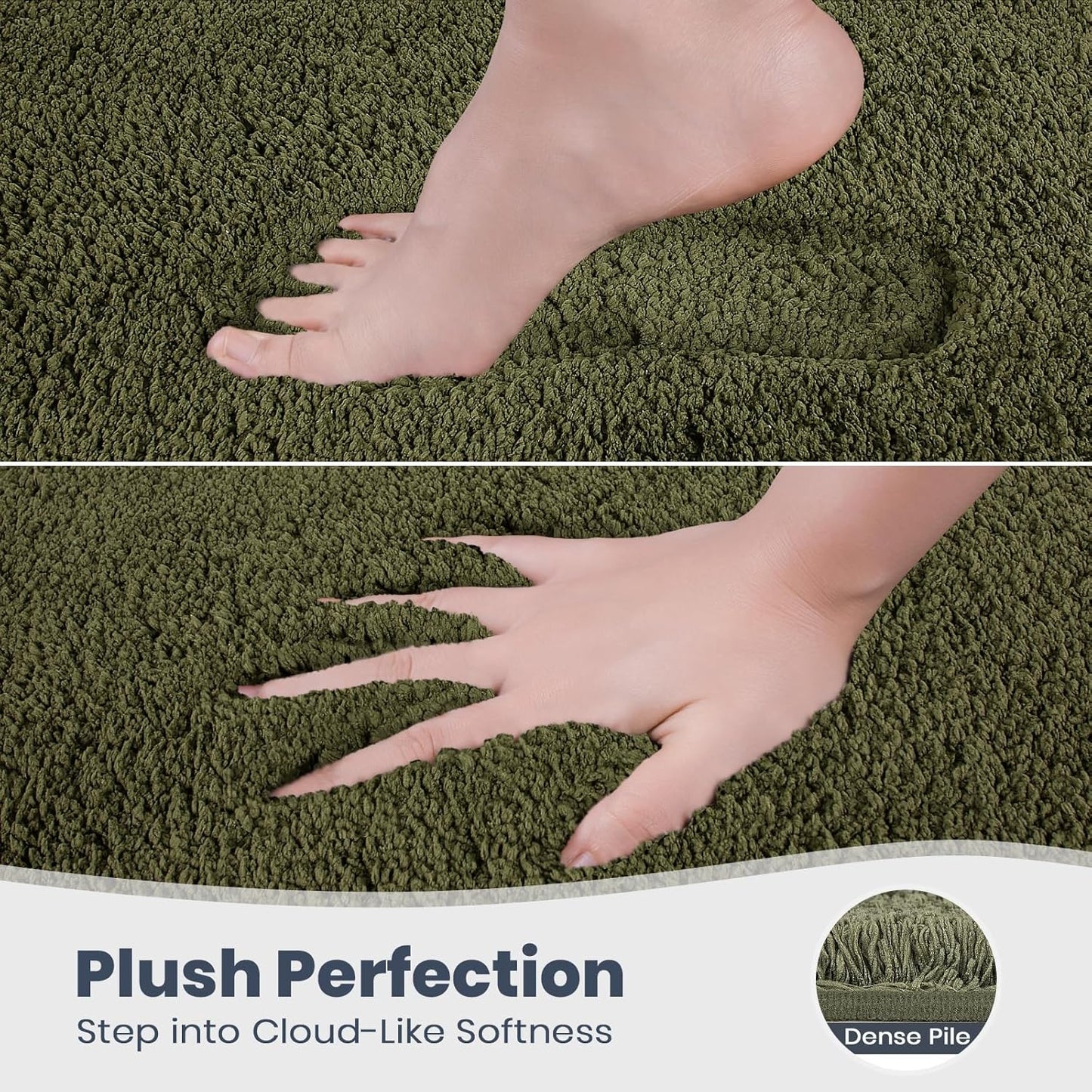 PURRUGS Bathroom Rug Non-Slip Machine Washable 20" x 24" U-Shaped, Super Absorbent and Quick Dry Shaggy Microfiber Bath Mat, Extra Soft and Plush Contour Rug for Toilet Base, Olive Green