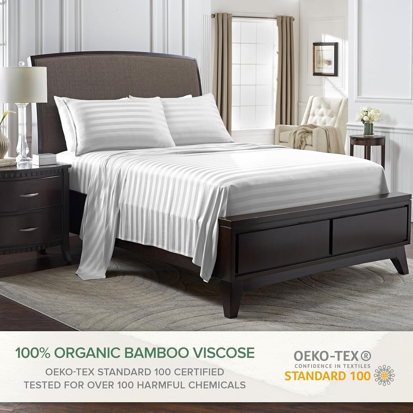 California King Sheets by Pure Bamboo, Genuine 100% Organic Viscose Derived from Bamboo Bed Sheet Set, Soft & Cooling, Double Stitching, Lifetime Quality Promise (California King, Jacquard White)