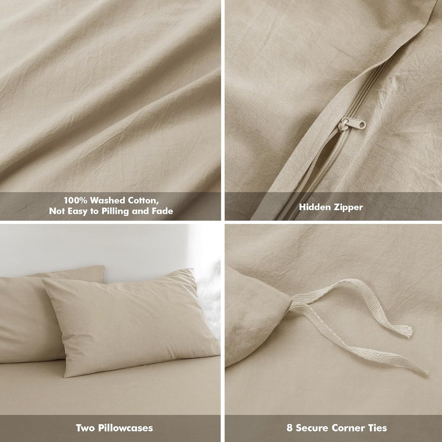 FOSSA Duvet Cover Set 100% Washed Cotton Linen Feel Super Soft Breathable Cozy 3 Pieces Bedding Sets Solid Light Khaki King