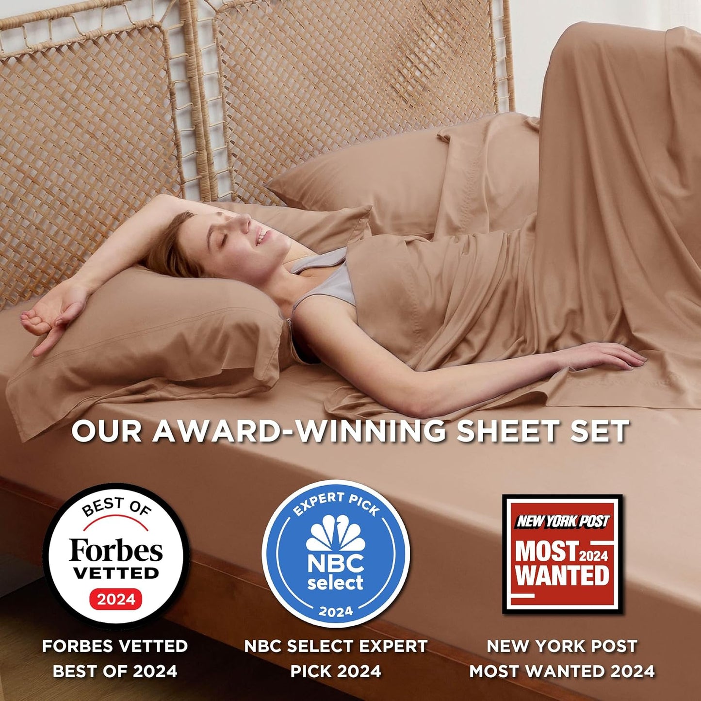 Bedsure Queen Sheet Set, Rayon Derived from Bamboo, Cooling Sheets, Breathable & Soft, Deep Pocket Up to 16 Inches, Hotel Luxury Silky Bedding for Hot Sleepers, Khaki