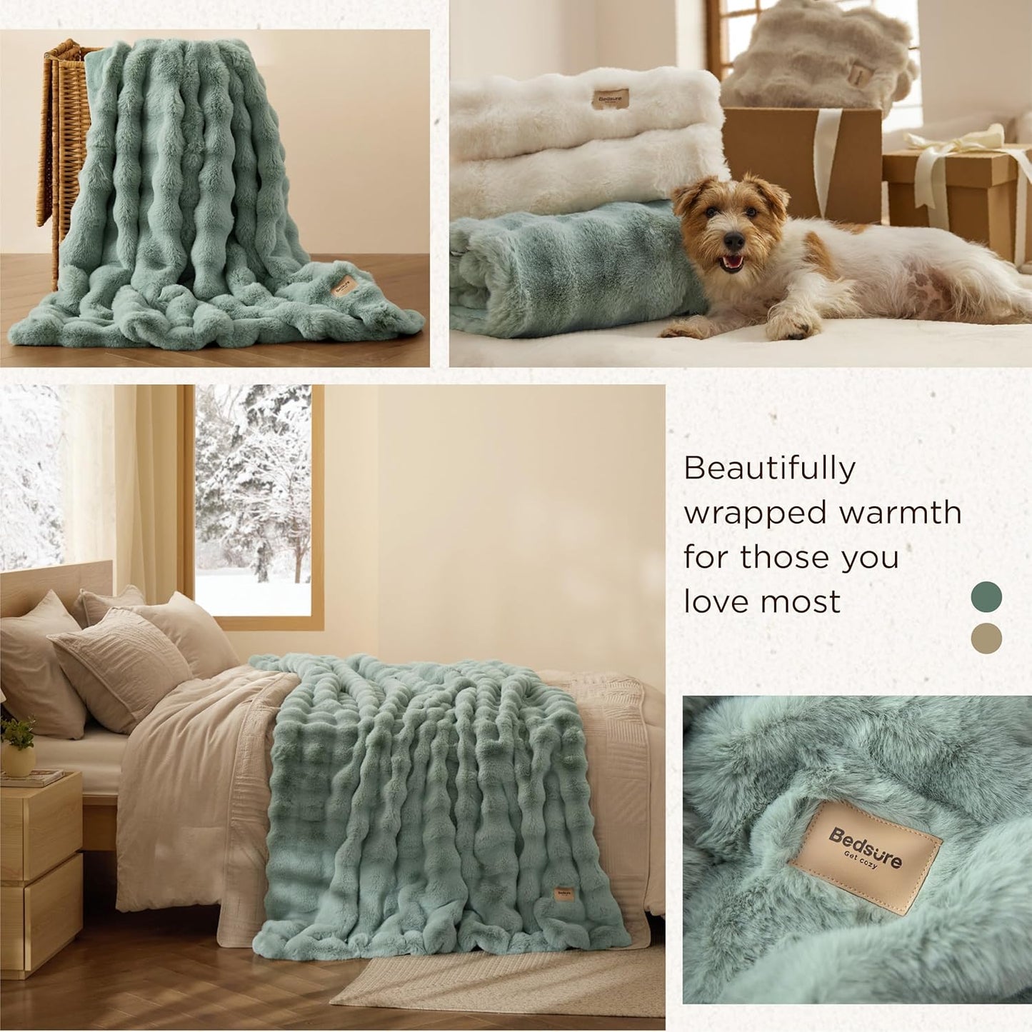 Bedsure GentleSoft Fluffy Faux Fur Blanket Twin Size, Fuzzy Soft Bubble Blanket for Couch, Faux Fur Decor for Home Living Room, Thick Furry Cozy Gifts for Women, Sage Green, 60x80 Inch