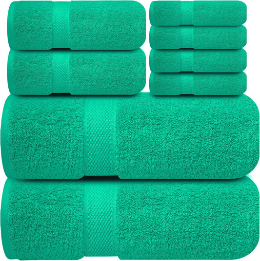 Infinitee Xclusives Luxury 100% Cotton Towel Set – 8 Piece Bathroom Towel Set (2 Bath Towels, 2 Hand Towels, 4 Washcloths) – Soft & Absorbent Towels for Bathroom (Vivid Green)