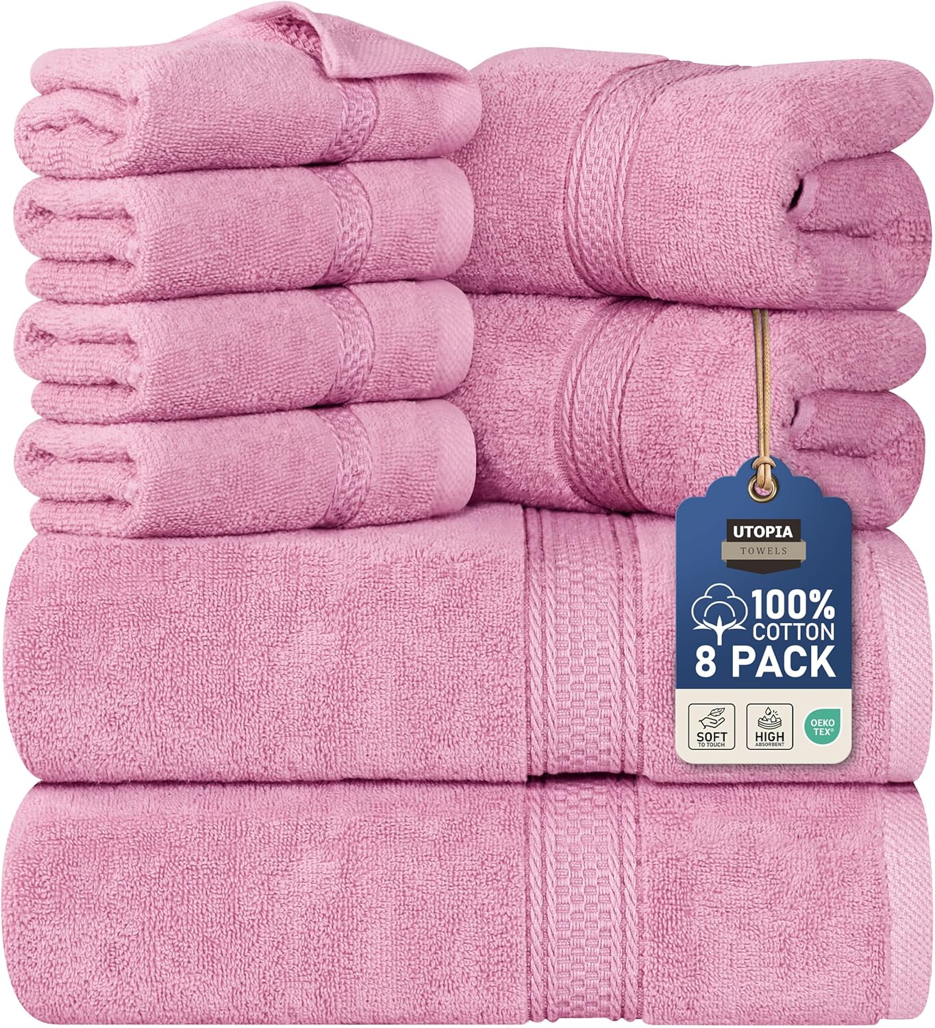 Utopia Towels 8 Piece Premium Towel Set, 2 Bath, 2 Hand, and 4 Wash Cloths, 600 GSM 100% Ring Spun Cotton, Highly Absorbent Towels for Bathroom, Gym, Hotel, and Spa, Pink