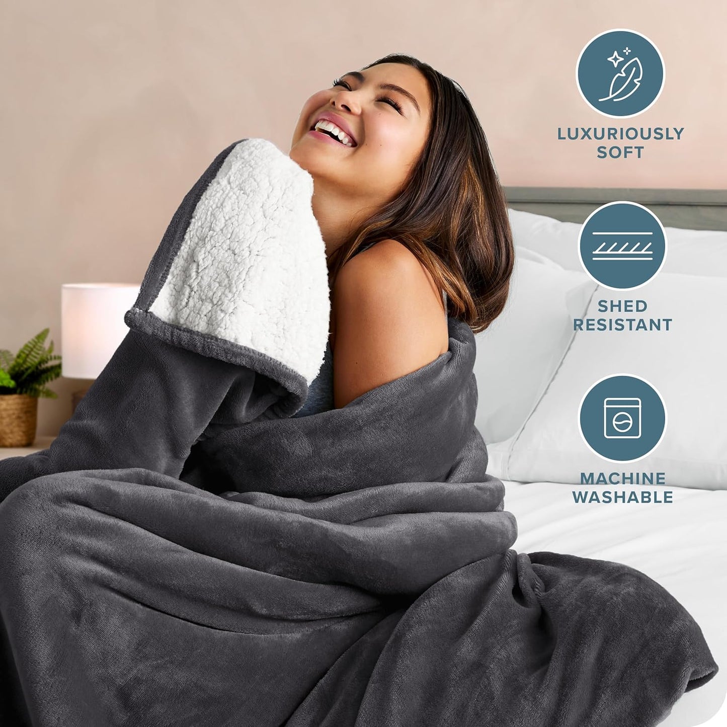 Bare Home Sherpa Fleece Blanket - Full/Queen Size - Blanket for Bed, Sofa, and Couch - Warm & Lightweight - Fluffy & Soft - Reversible (Full/Queen, Forged Iron Grey)