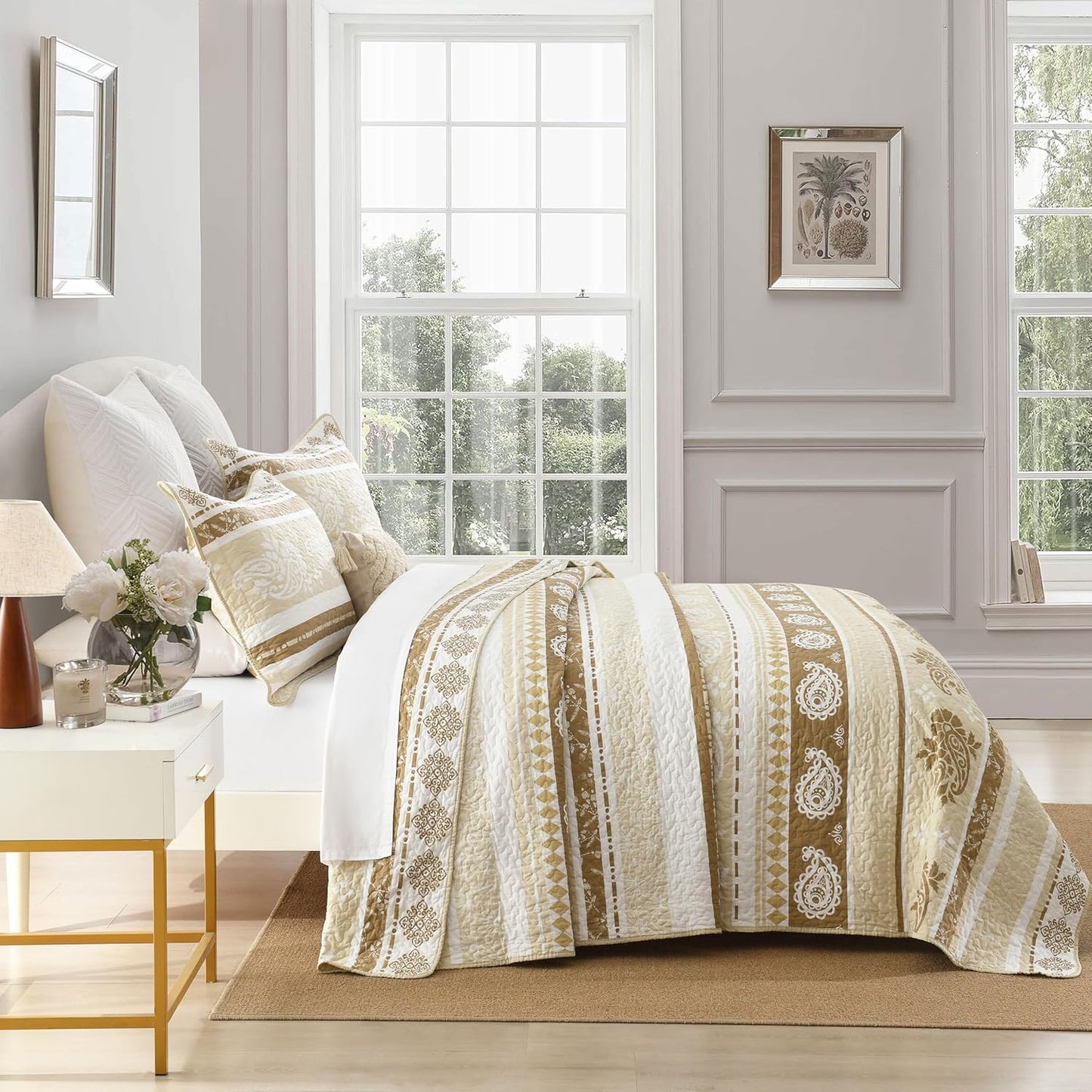 Quilt Bedding Set Queen Size, Cotton Comforters Set Queen Size, Brown Taupe Quilts Bedspread for The Bed, Farmhouse Lightweight Bedding (90 * 98 Inch) and 2 Pillow Shams All Season