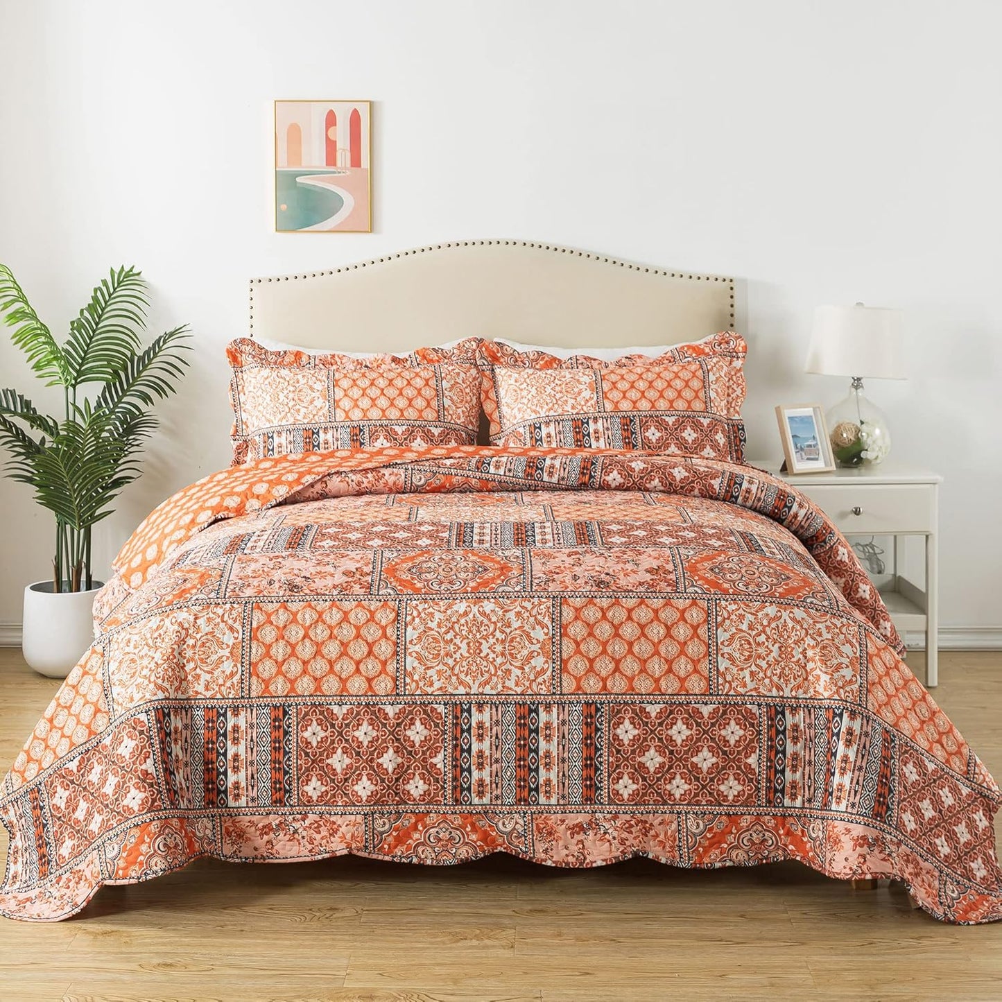 HoneiLife King Quilt Bedding Set - 3 Pieces Vintage Quilt Sets Microfiber Bedspreads Floral Coverlets Retro Bed Cover All Season Quilts-Pumpkin
