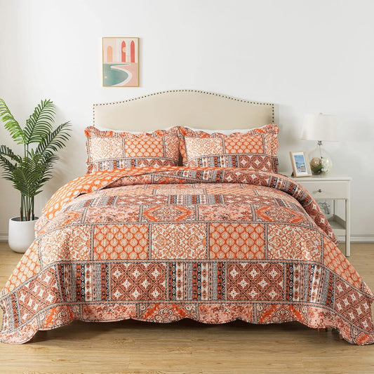 HoneiLife Vintage Quilt Sets Queen - 3 Pieces Microfiber Quilt Sets Lightweight Bedspreads Floral Coverlets Retro Bed Cover All Season Quilts-Pumpkin