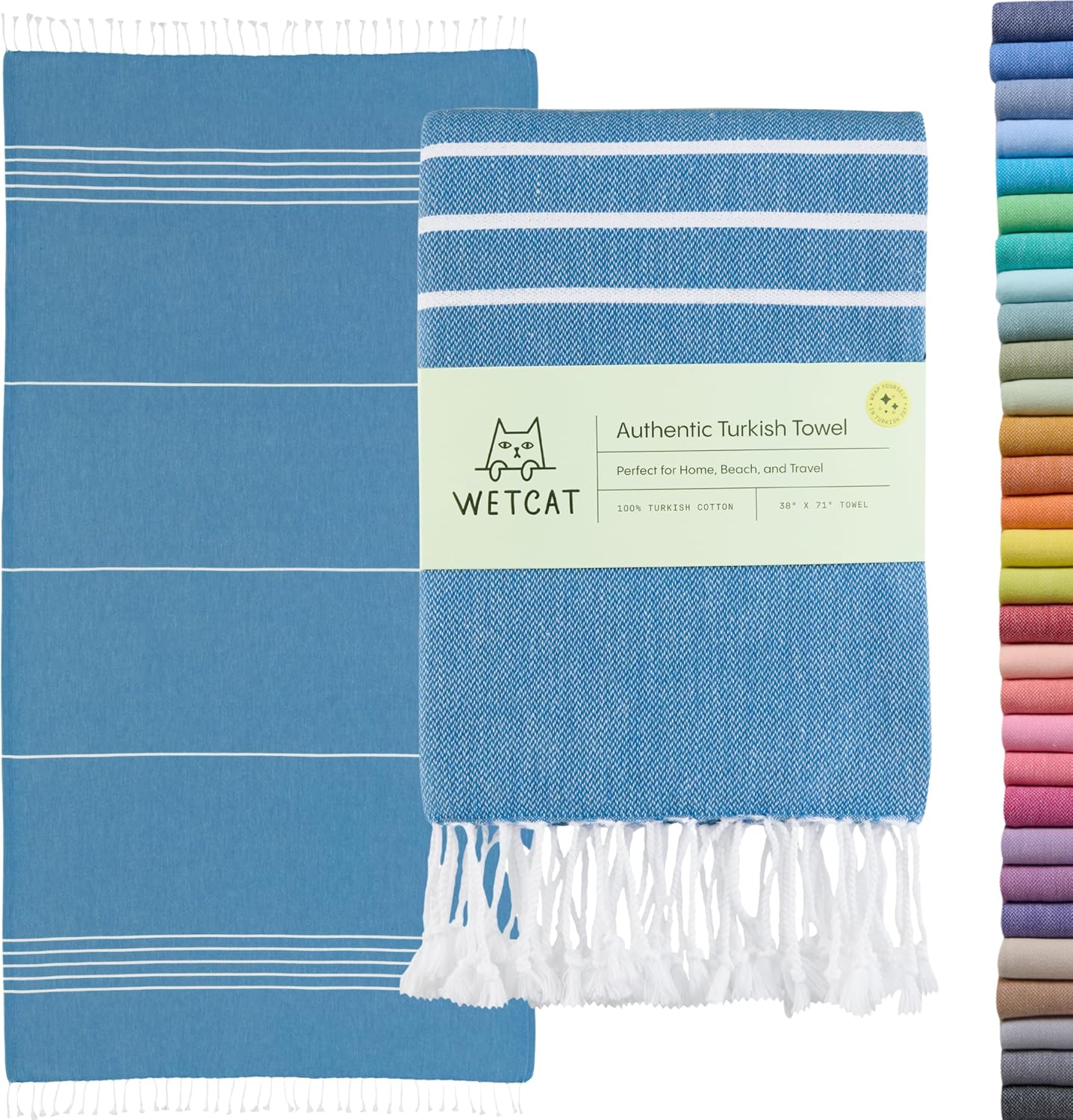 WETCAT Turkish Beach Towel Oversized (38"x71") 100% Turkish Cotton, Made in Turkey - Sand Free, Extra Large, Ultra Soft, Quick Drying, Compact & Lightweight for Travel - Royal Blue