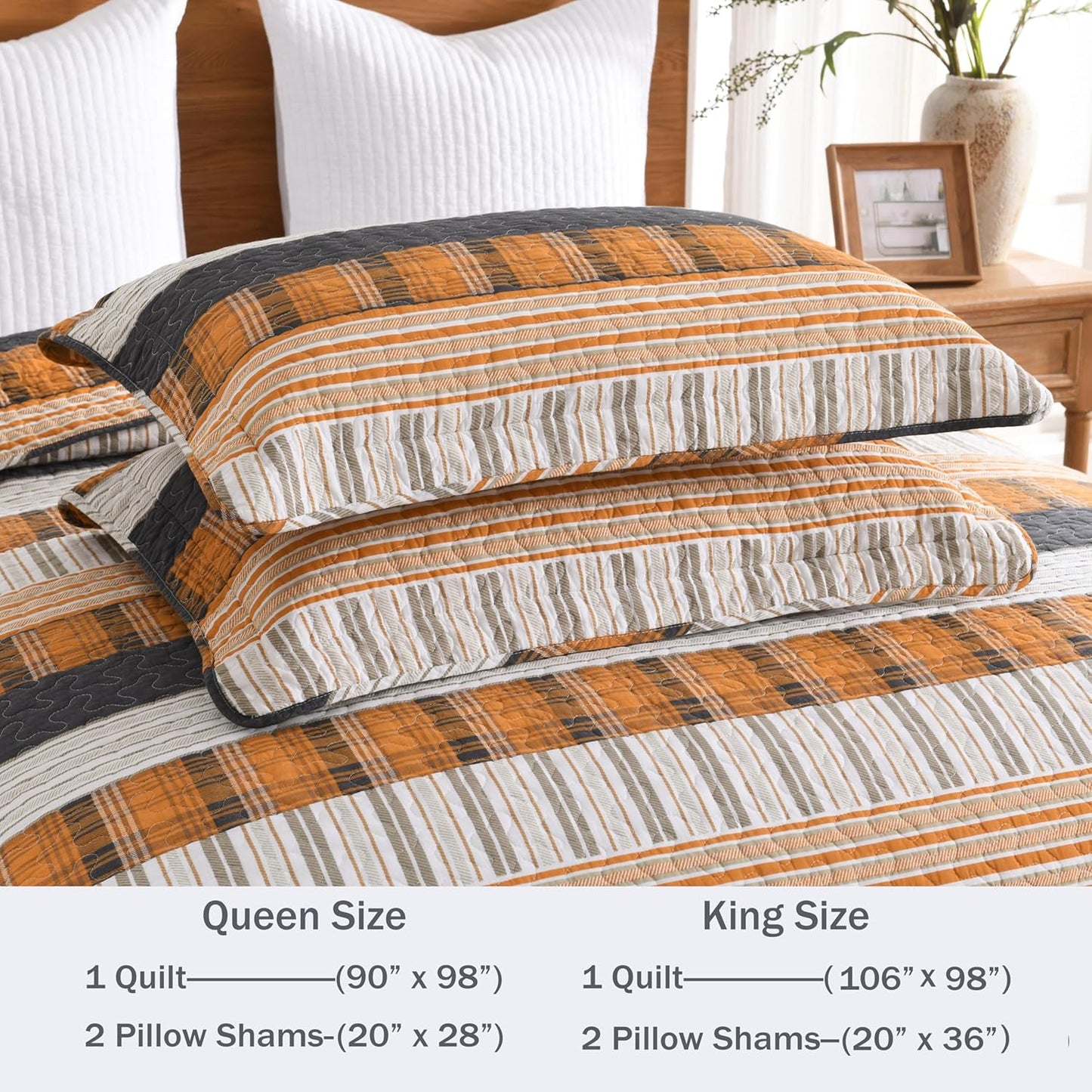 Homzard King Comforter Set,Cotton King Size Quilt，Caramel Orange Black King Bedding Set，Plaid Striped Bedspread Set，Lightweight Reversible Bed Set 3 Pieces