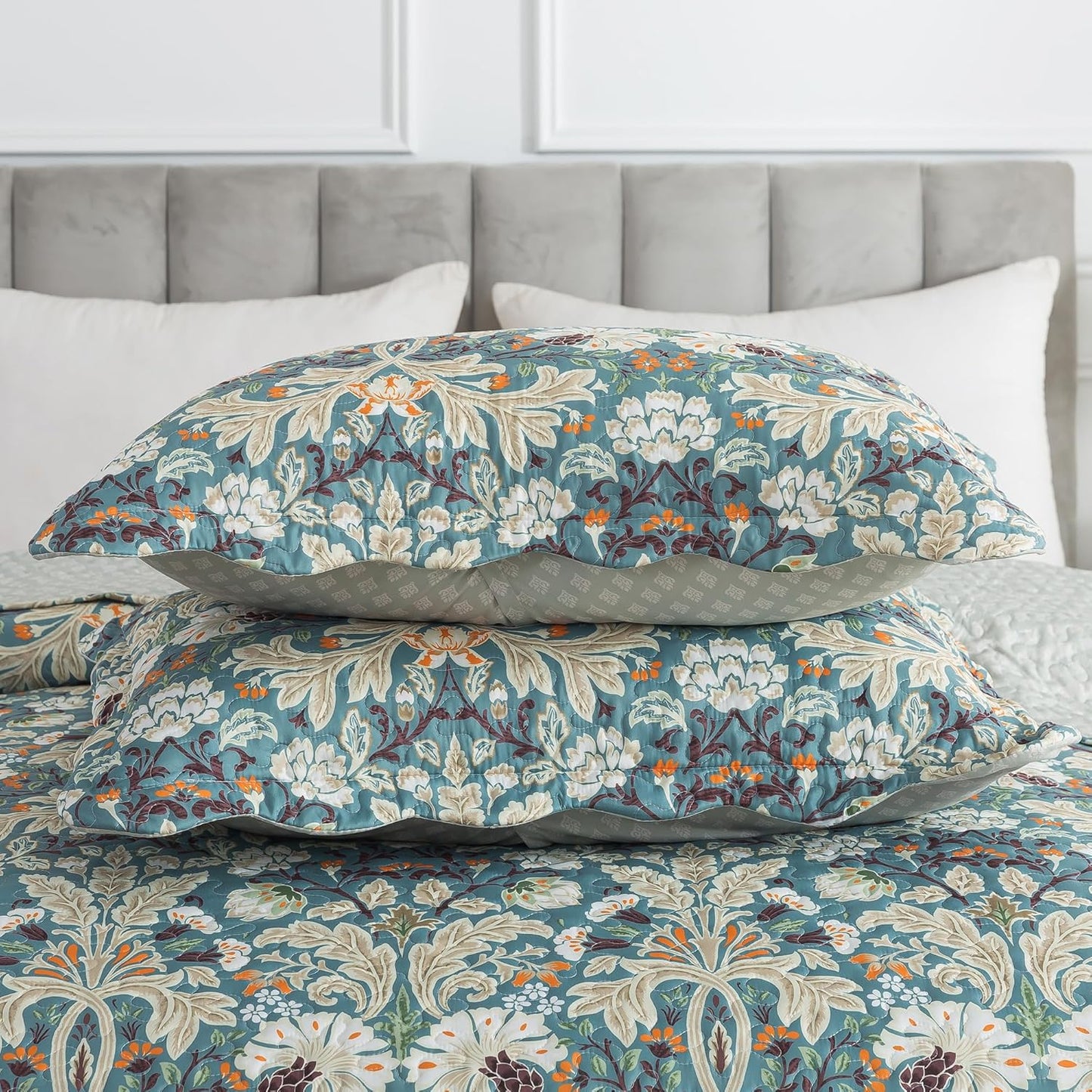 HoneiLife Queen Quilt Bedding Set - Microfiber Quilt Sets for Queen Bed, 3-Piece Lightweight Bedspreads,Reversible Coverlets Rustic Bed Cover, Floral Bedding Set All Season Quilts-Grayish Green