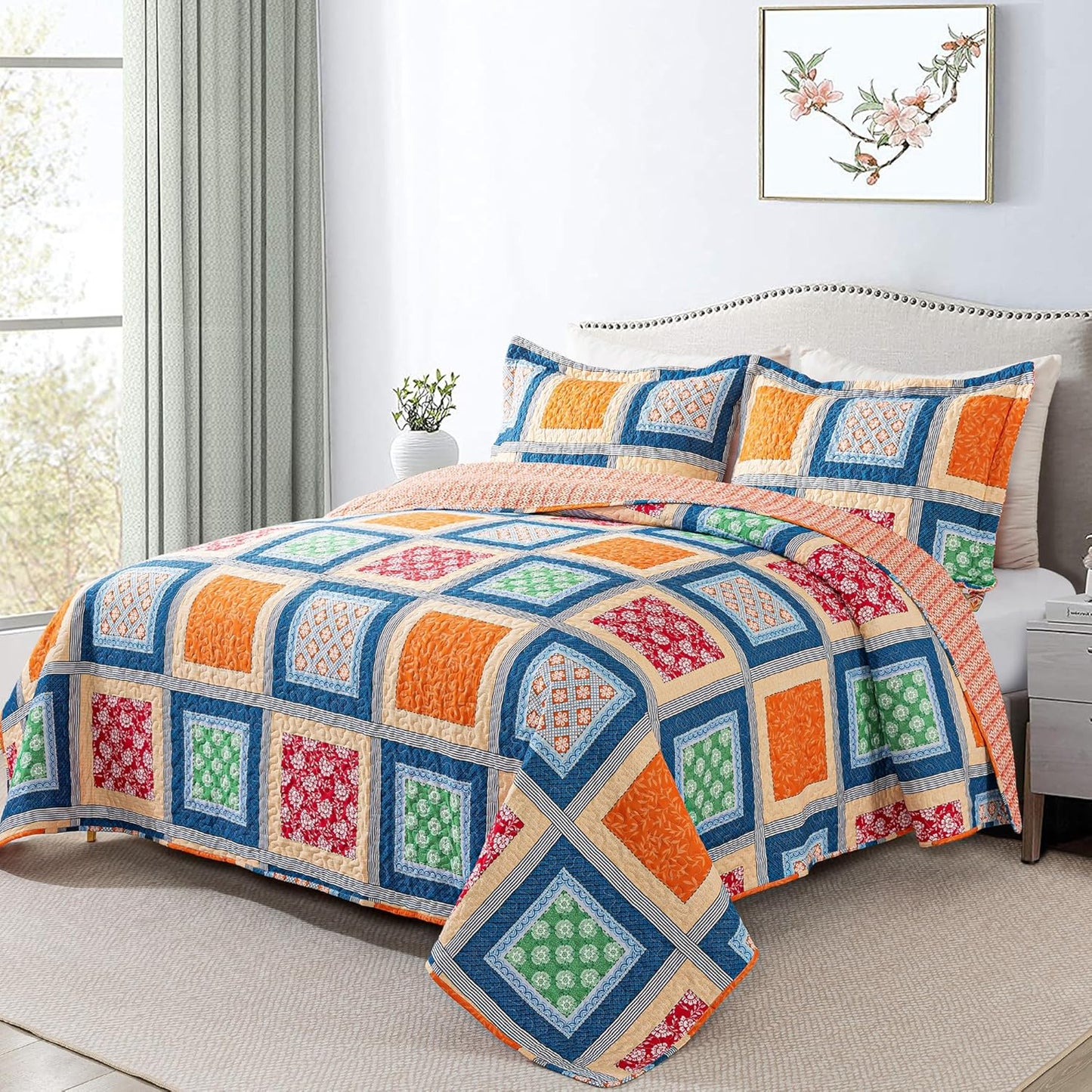 HoneiLife King Quilt Bedding Set - Rustic Quilt Sets 3-Piece,Patchwork Bedspreads for King Bed,Lightweight Coverlets Microfiber Bed Cover, Quilt King Size All Season Quilts-Orange