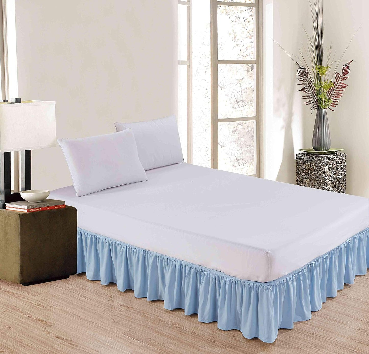 Sheets & Beyond Wrap Around Solid Microfiber Luxury Hotel Quality Fabric Bedroom Gathered Ruffled Bedding Bed Skirt 14 Inch Drop (Queen, Light Blue)