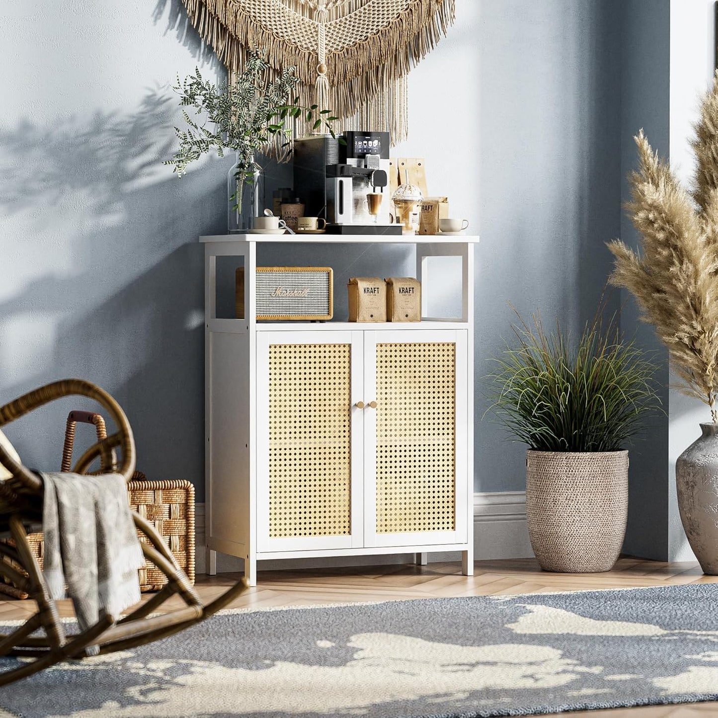 HITNET Bamboo Cabinet, Rattan Storage Cabinet with Doors, Freestanding Floor Cupboard for Bathroom, Living Room, Hallway, White