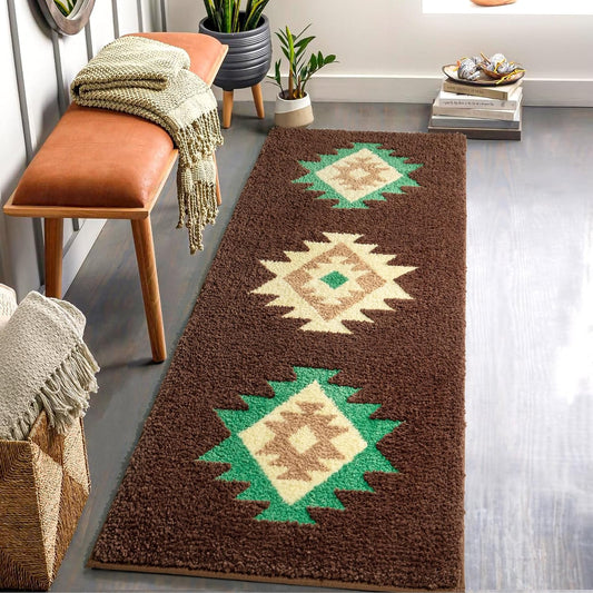 DEXDE Boho Bathroom Rug Runner 20x72 Long Bath Mat for Bathroom Bedroom Hallway Kitchen Luxury Soft Absorbent Large Modern Geometric Carpet Runner Western Farmhouse Decor, Brown