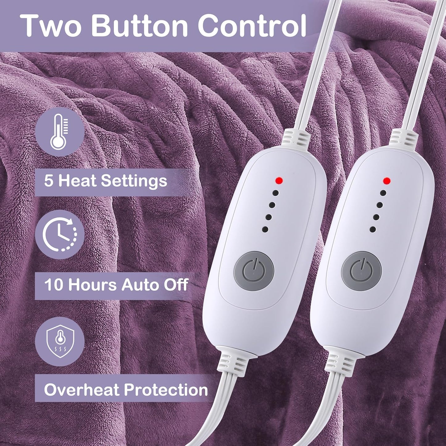 Electric Heated Blanket Queen Size 84"x90", Dual Controllers, Cozy Large Oversized, 5 Heating Levels & 10 Hours Auto Off, Cozy for Bed, Sofa, & Office, Machine Washable, Purple