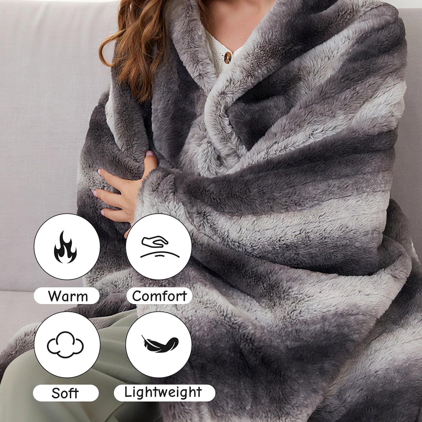 Soypipo Electric Heated Throw Blanket 50"x60", Grey White Striped Faux Fur Plush with 4 Heat Settings & 2/4/8/10H Auto Shut-Off, Overheat Protection, Machine Washable