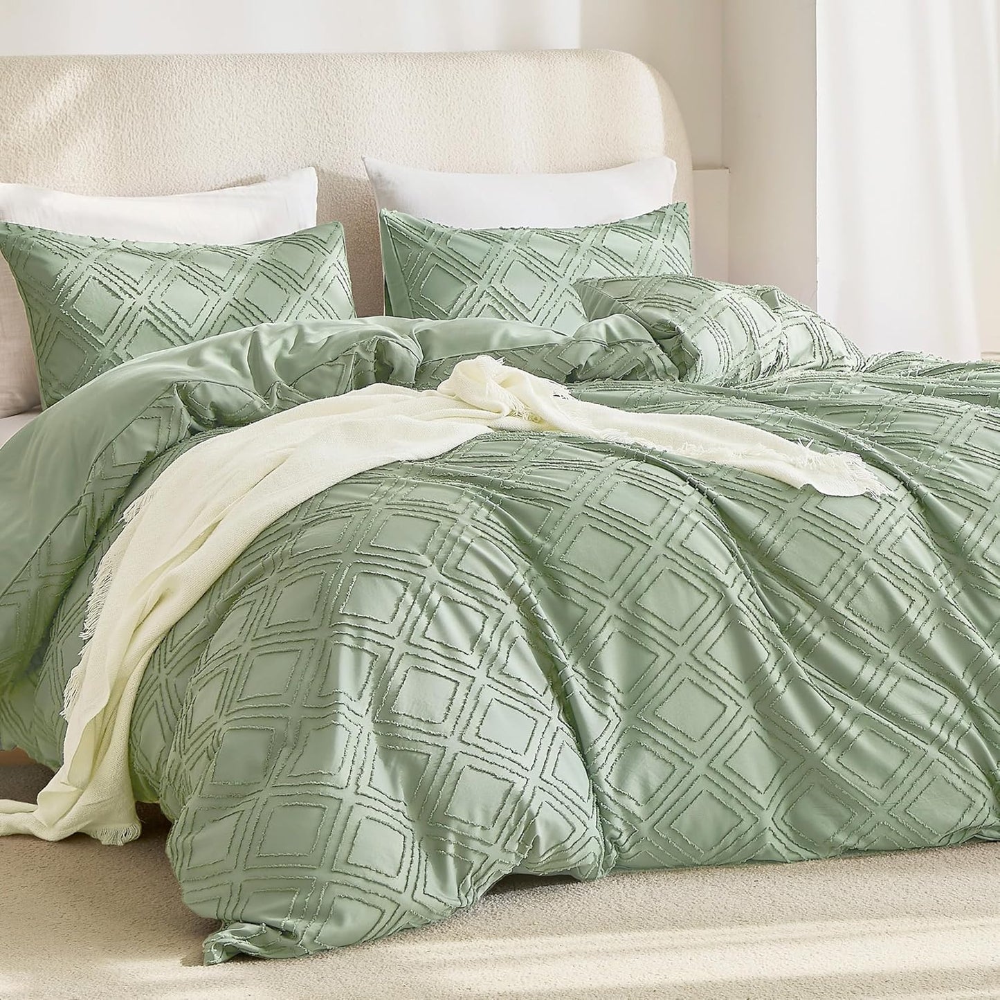 JELLYMONI Duvet Cover Full Size Light Green - 3PCS Boho Duvet Cover Set Plaid Polyester Tufted Bohemian Jacquard Knit Textured Comforter Cover 80×90in Rhombic Geometric Pattern Corner Ties & Zipper
