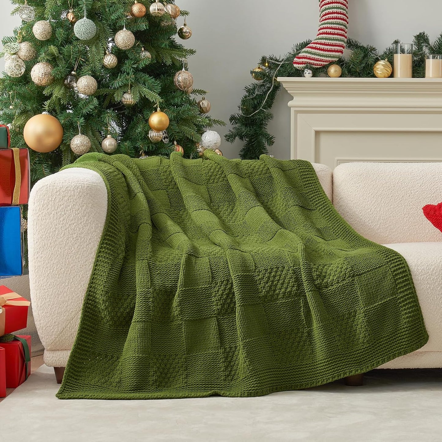 Amélie Home Checkered Chenille Knit Throw Blanket for Couch, Classic Texture Decorative Soft Blanket for Sofa, Chair & Bedroom, 50"x60", Olive Green