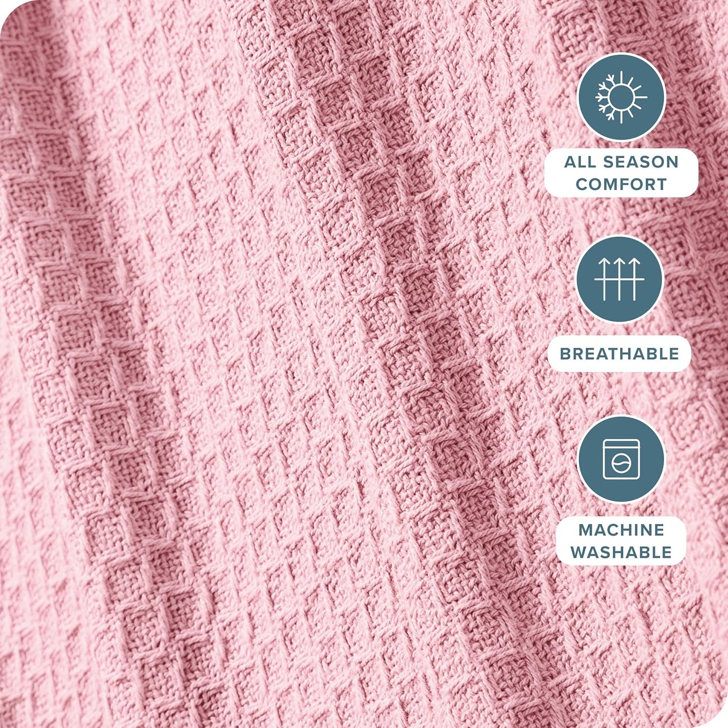 Bare Home Light Pink Waffle Blanket, 108Wx90L, 100% Cotton, Soft & Breathable for All Seasons, Lightweight Blanket, Perfect for Layering Bed, Sofa & Couch (King/Cal King, Light Pink)