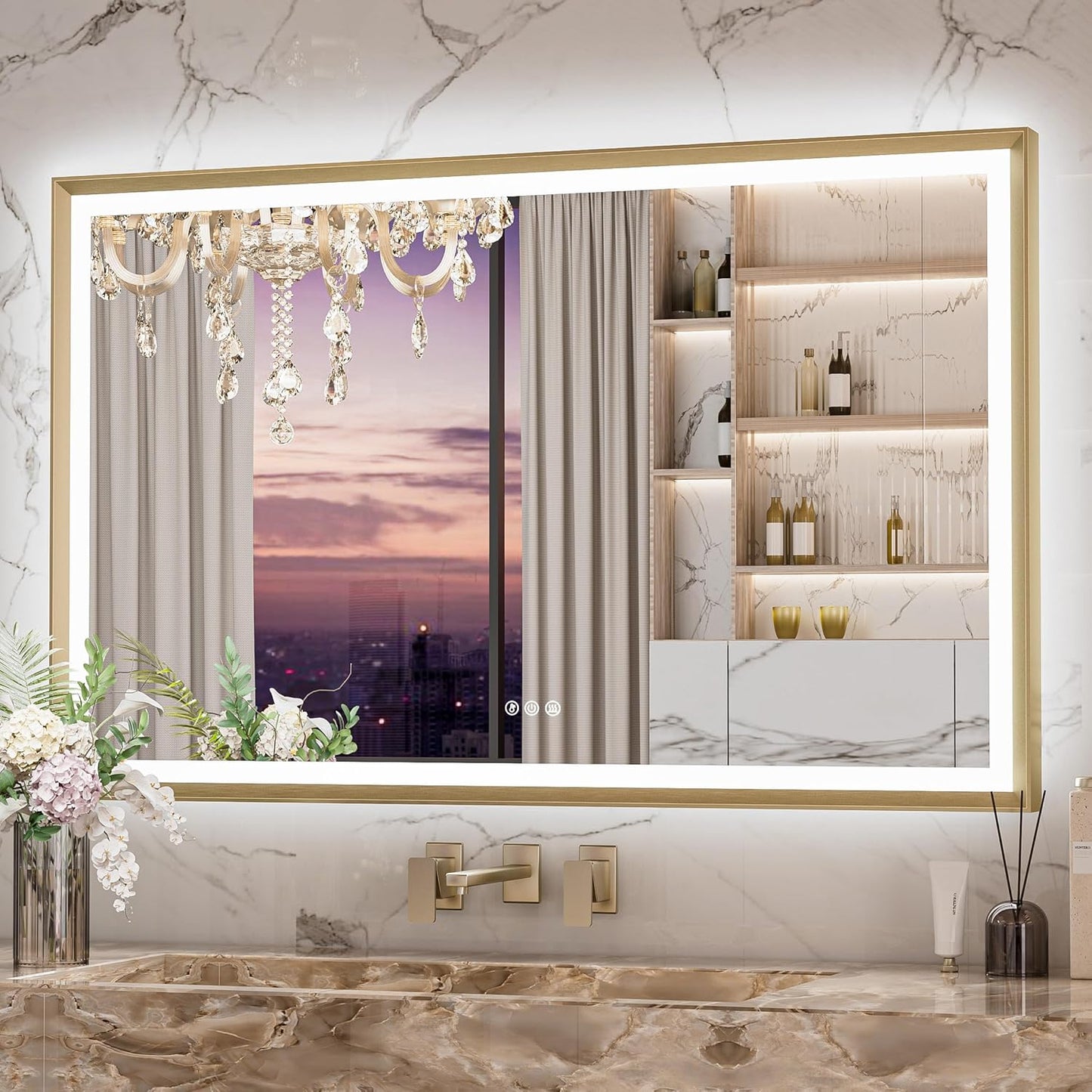 Keonjinn Gold LED Bathroom Mirror 48 x 30 Inch, Frontlit & Backlit Mirror with Metal Framed,Vanity Mirror with Stepless 3 Colors Lights, Anti Fog, UL-Listed LED Driver, HD Tempered Glass