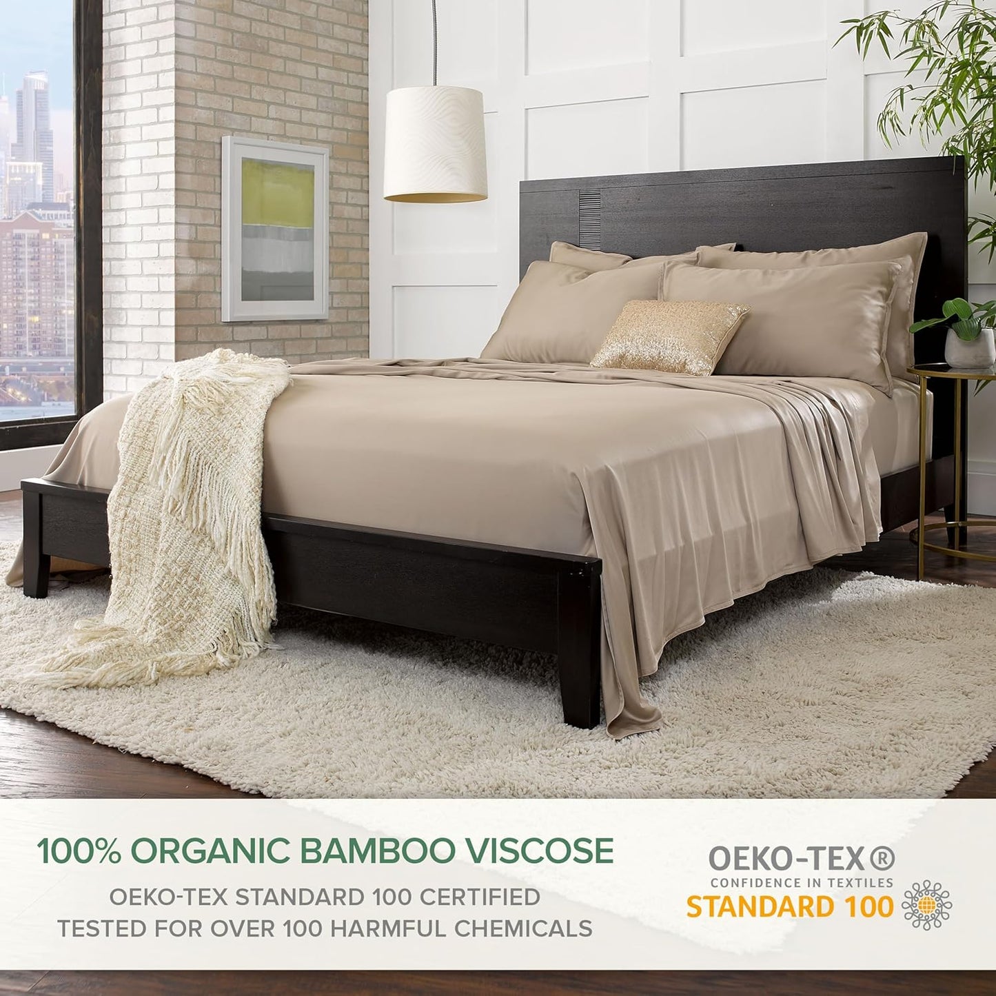 Queen Sheets by Pure Bamboo, Genuine 100% Organic Viscose Derived from Bamboo Bed Sheet Set, Luxuriously Soft & Cooling, Double Stitching, Lifetime Quality Promise (Queen, Sand)