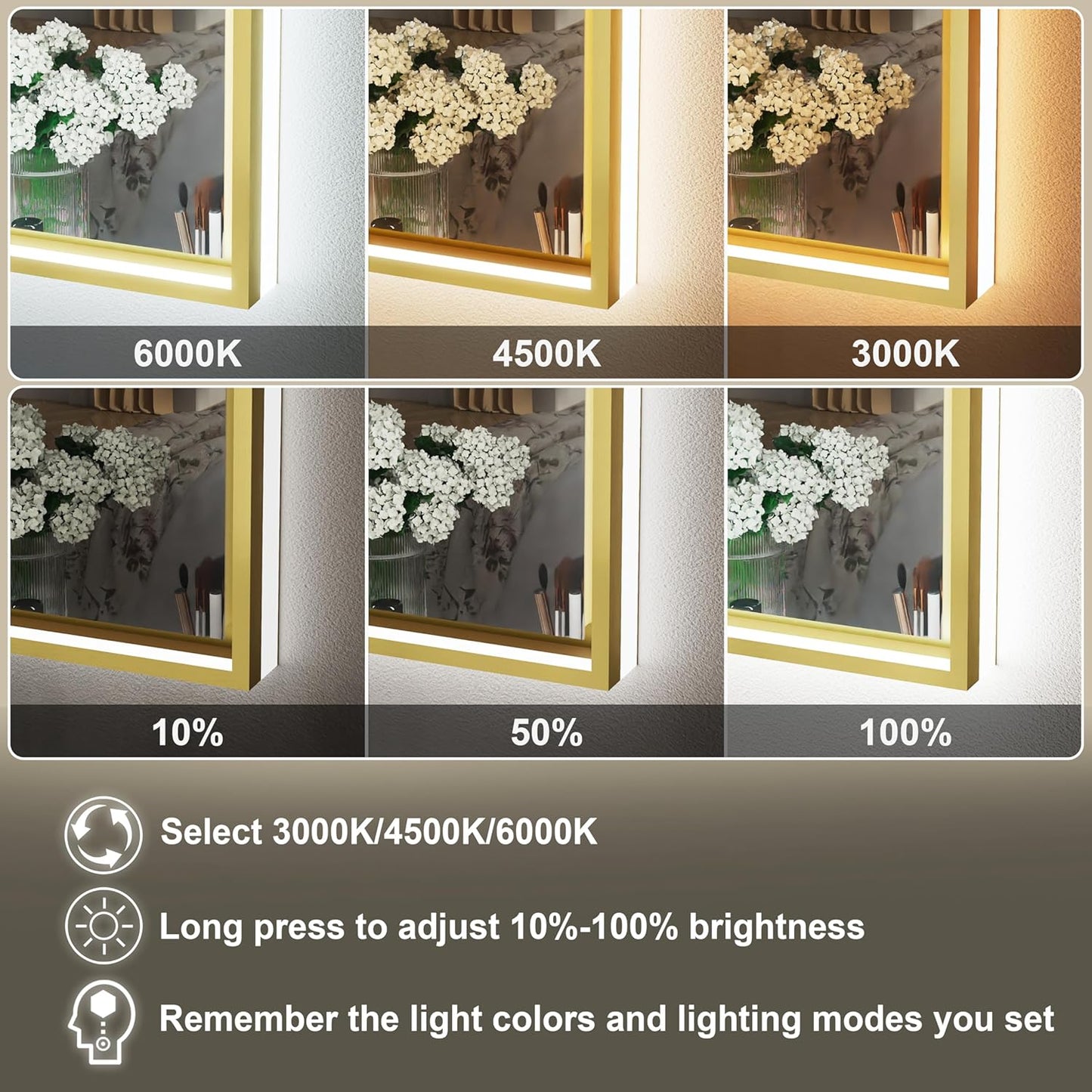 30x36 Inch Gold LED Bathroom Mirror with Front & Back Lights, Adjustable 3000K/4500K/6000K, Wall Mounted Lighted Bathroom Vanity Mirrors, Anti-Fog, Dimmable, Horizontal/Vertical