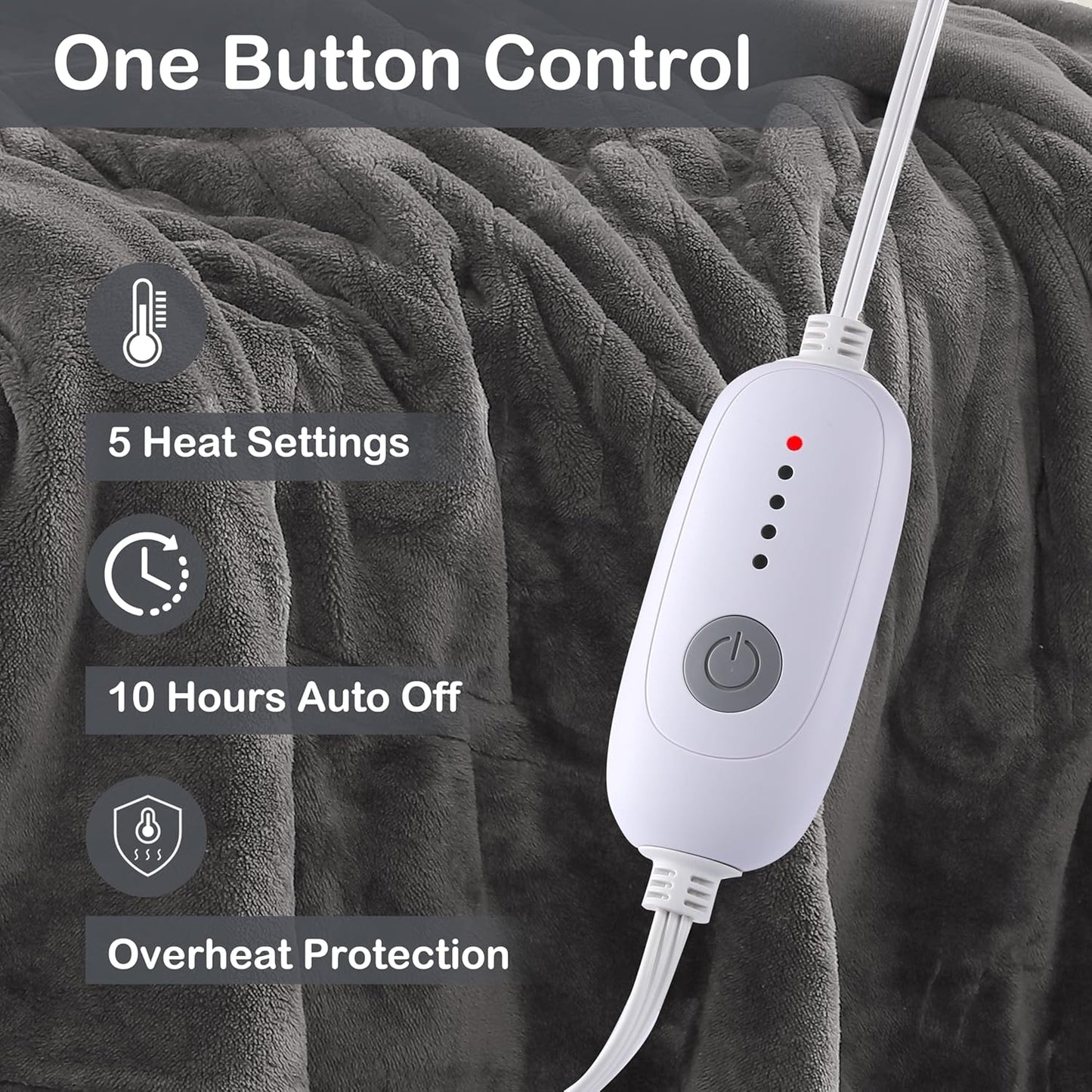 Electric Heated Blanket Full Size 72"x84", 5 Heating Levels & 10 Hours Auto Off, Single Control, Cozy Large Oversized, Cozy for Bed, Sofa, & Office, Machine Washable, Light Gray