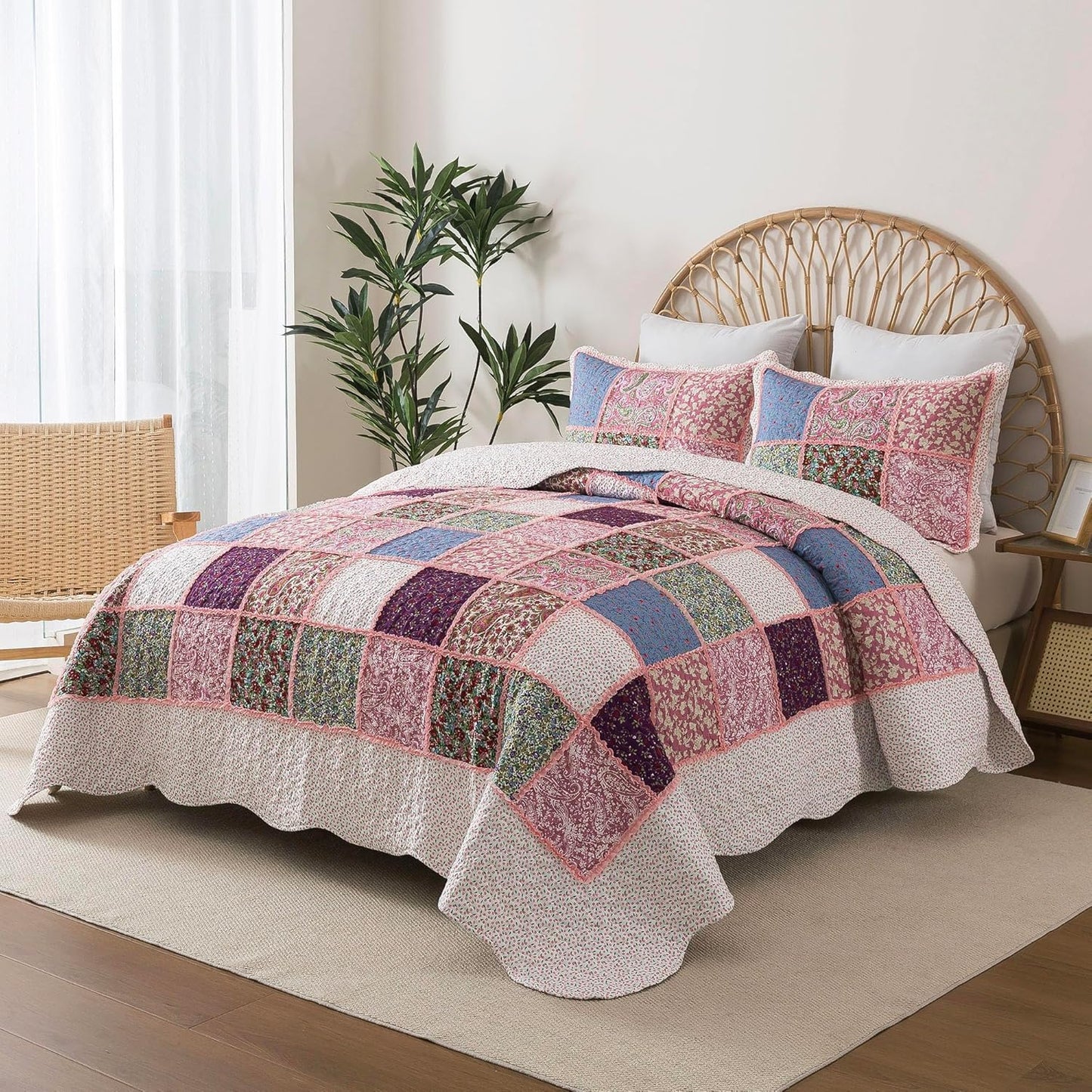 HoneiLife Quilt Set King Size - Rustic Bedspreads 106x96, Tufted Quilts 3-Piece, Patchwork Coverlet Lightweight Bedding Sets All Season Quilts