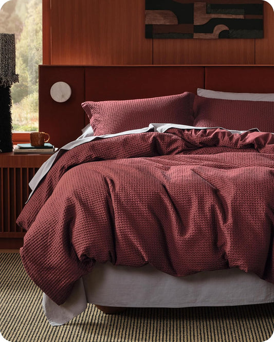 Bedsure Cotton Duvet Cover King - 100% Cotton Waffle Weave Maroon Red Duvet Cover King Size, GentleSoft™ and Breathable Bedding Set for All Season, 3 Pieces, 104"x90"