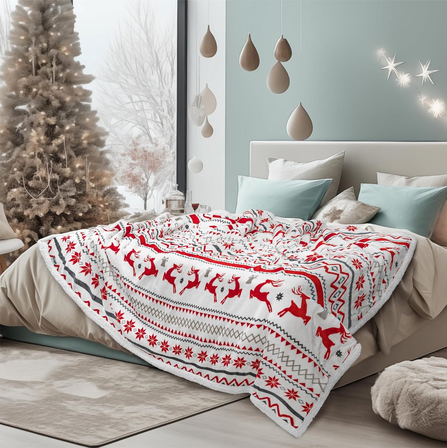 PAVILIA Premium Christmas Sherpa Throw Blanket | Christmas Decoration Gift, Fleece, Plush, Warm, Cozy Reversible Microfiber Holiday Blanket | White Reindeer - 60x80 Twin