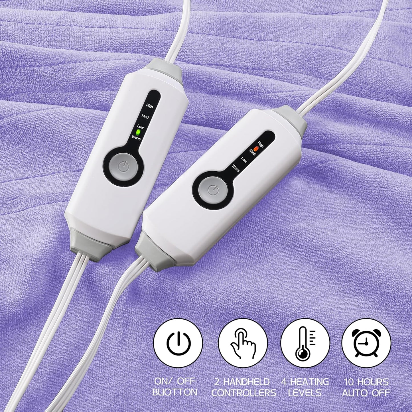 Electric Heated Blanket 84"x90" Queen Size, Soft Coral Fleece, Dual Controllers with 4 Heating Levels and 10 Hours Auto-Off, Machine Washable, Cozy Plush Fabric for Home, Light Purple