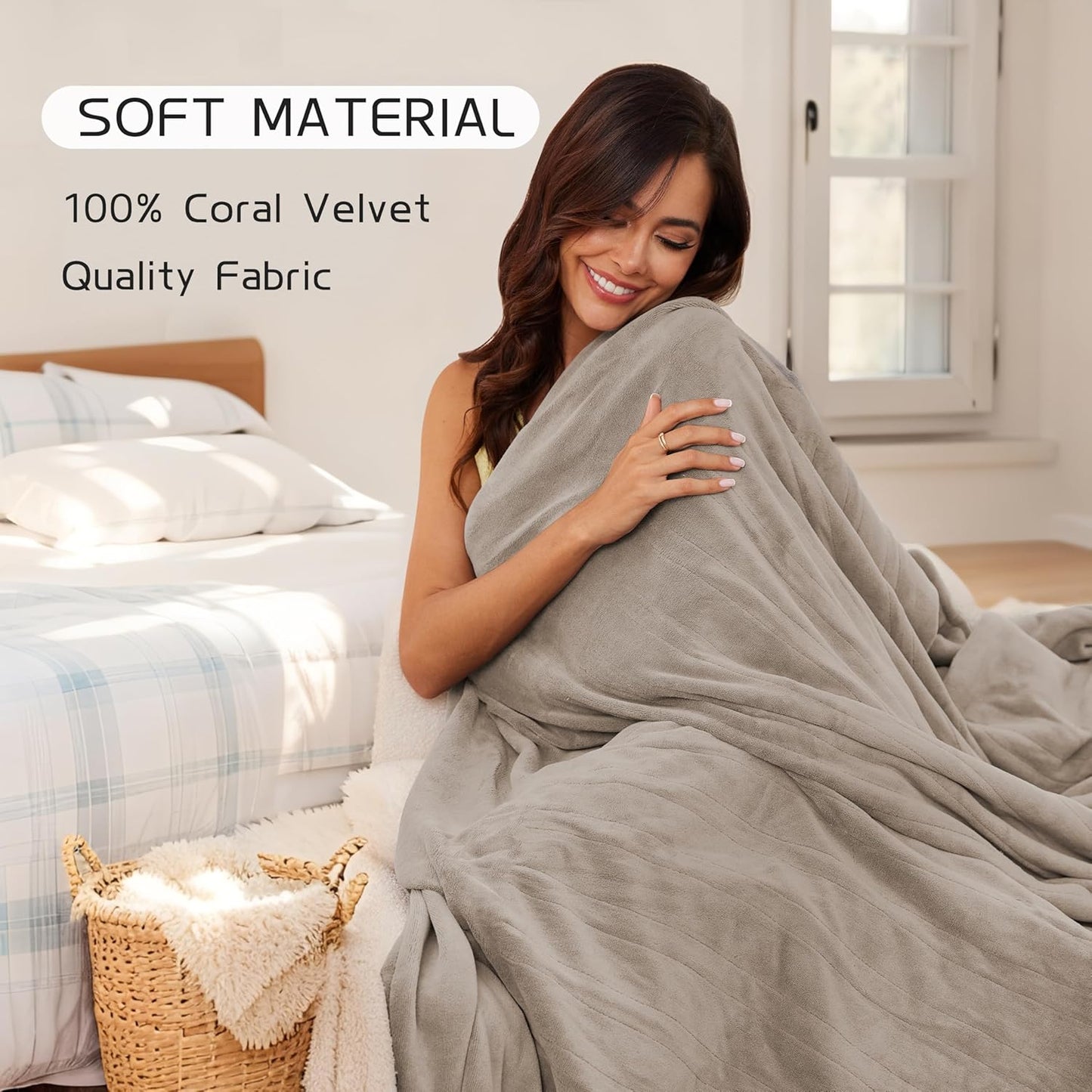 Heated Electric Blanket 62"x84" Twin Size, Soft Coral Fleece Blanket with 4 Heating Levels & 10 Hours Auto-Off, Fast Heating, Warm Cozy, Machine Washable for Home & Office - Light Brown