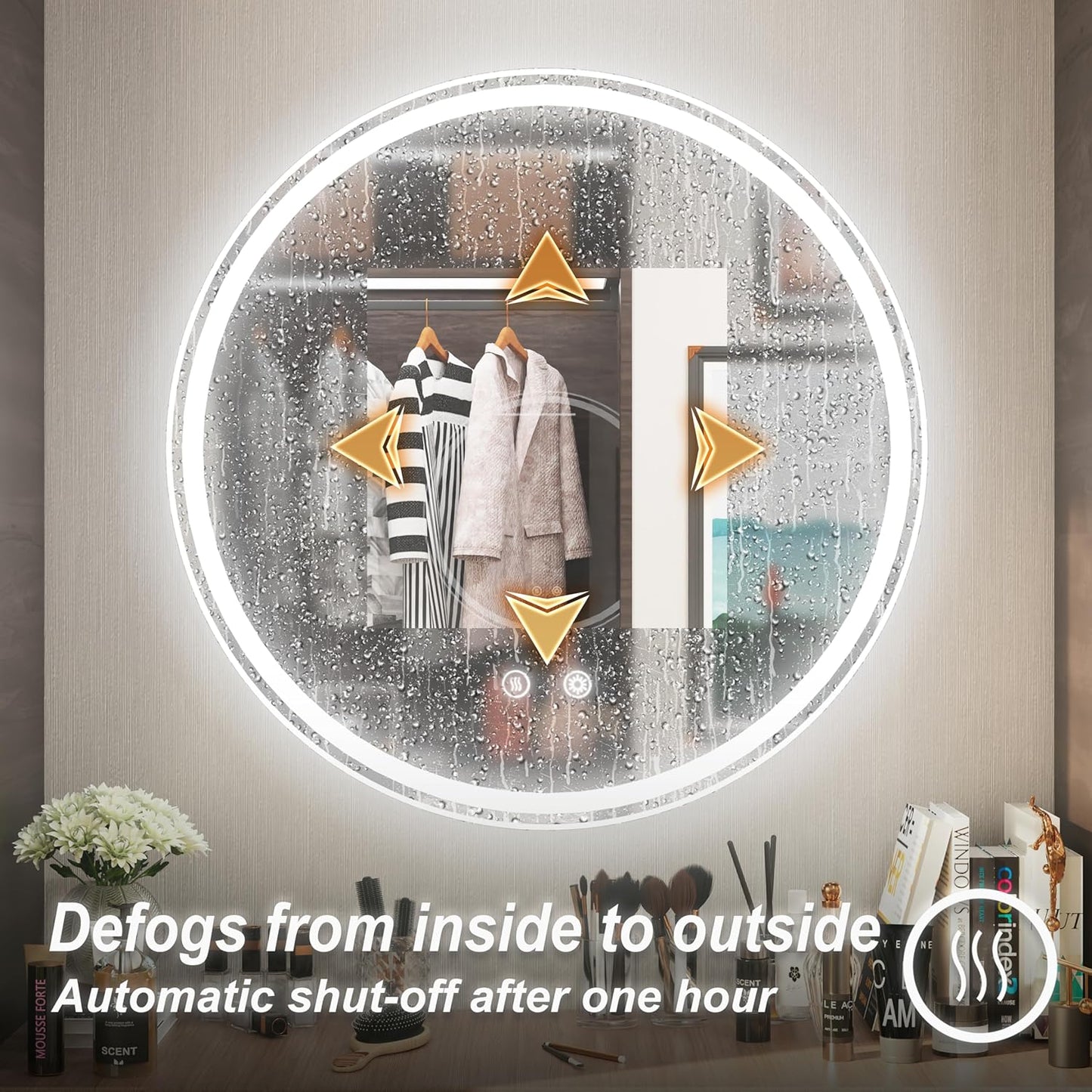 28-Inch Frameless Round LED Bathroom Mirror with Anti-Fog, Memory Function, Dimmable Front & Backlit Lights, 6000K Daylight, 5mm HD Glass, Touch Control