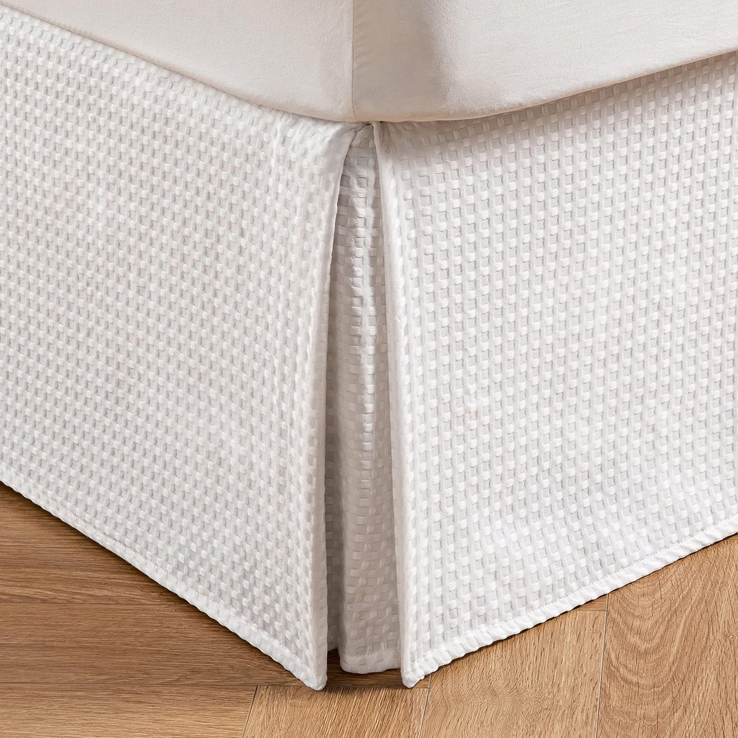 MIYE Pleated Waffle Weave Bed Skirt, Tailored Dust Ruffle 22 Inch Drop Easy Fit, Machine Washable (White, Full - 22" Drop)