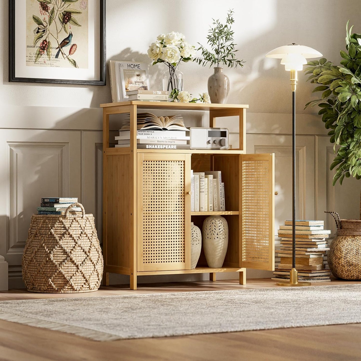 Bathroom Floor Stand Cabinet, Bamboo Storage Organizer Table with 2 Rattan Doors and 1 Shelf, Wooden Side Cupboard for Hallway, Laundry, Kitchen, Living Room (Natural)