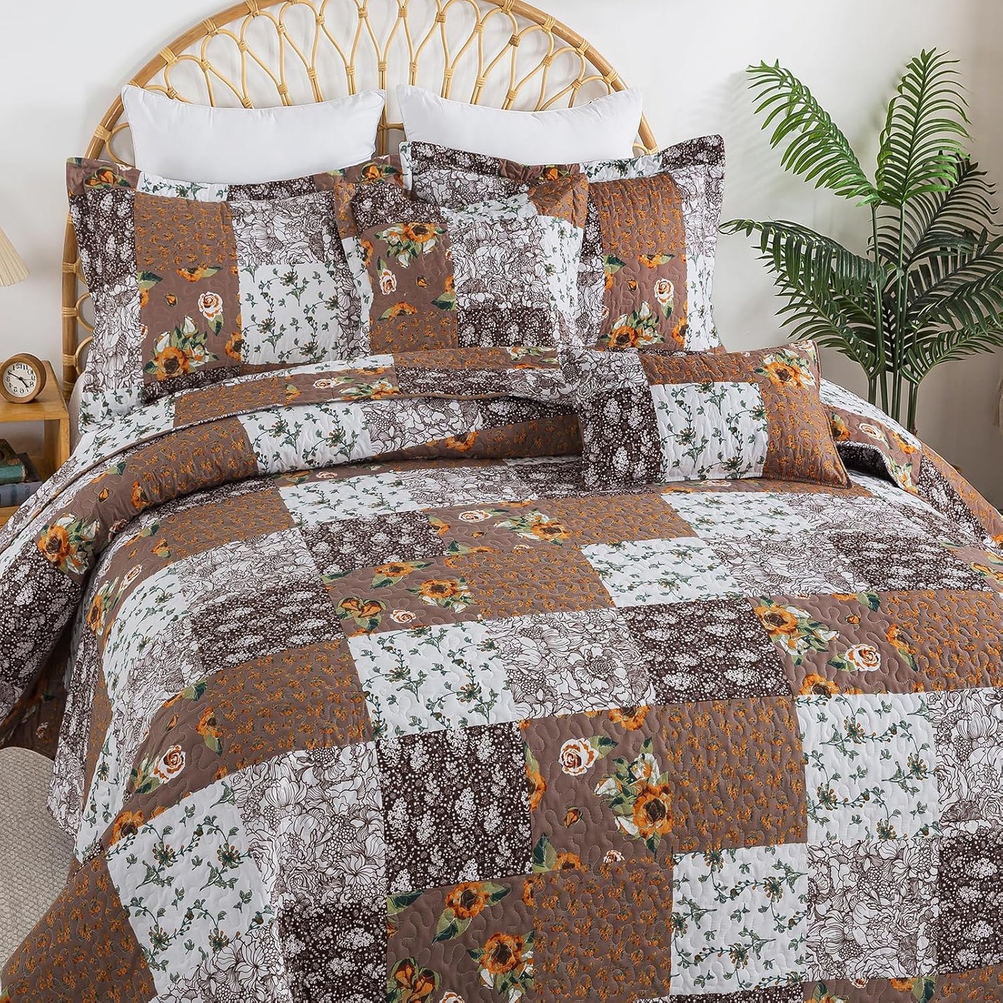 BEDIFANY Cotton Filling King Quilt Set - Reversible Farmhouse Bedspreads King Size with 2 Pillow Shams - Lightweight King Size Quilt Bedding Sets, 3 Pieces (98 x 106 inch)
