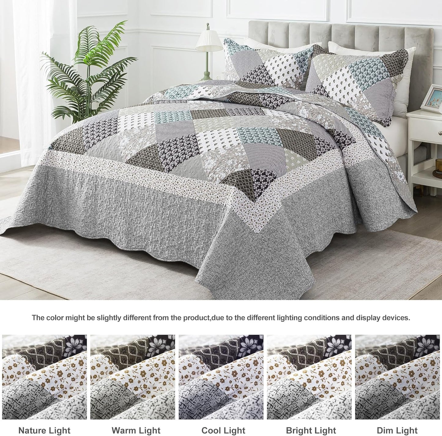 HoneiLife King Size Quilt Set - 3 Piece Microfiber Quilts Reversible Bedspreads Patchwork Coverlets Rustic Bedding Set for King Bed