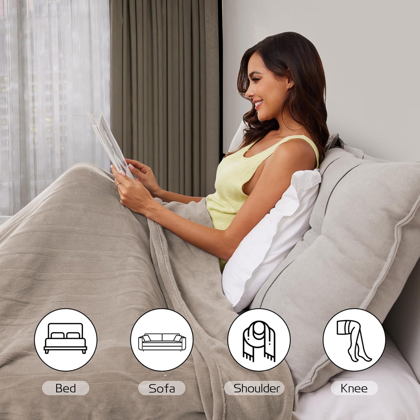 Electric Heated Blanket 84"x90" Queen Size, Soft Coral Fleece, Dual Controllers with 4 Heating Levels and 10 Hours Auto-Off, Machine Washable, Cozy Plush Fabric for Home, Light Brown