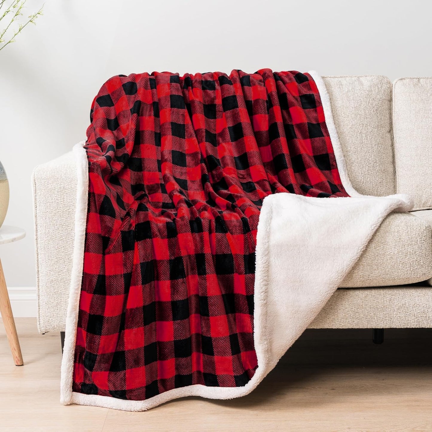 PAVILIA Buffalo Check Sherpa Blanket Throw Queen,Red Black Checkered Flannel Fleece Blanket,Christmas Plaid Warm Plush Microfiber Blanket for Couch Sofa,90x90 Inches