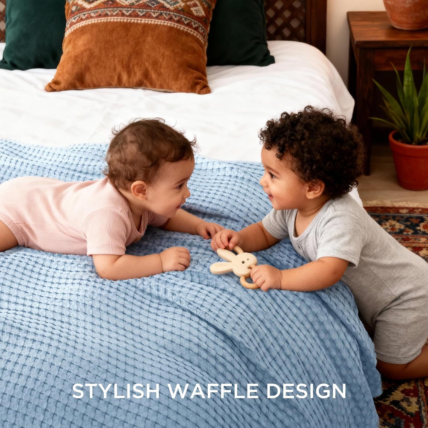 Bedsure Cooling Cotton Waffle King Size Blanket - Lightweight Breathable Blanket of Rayon Derived from Bamboo for Hot Sleepers, Luxury Throws for Bed, Couch and Sofa, Blue, 104x90 Inches