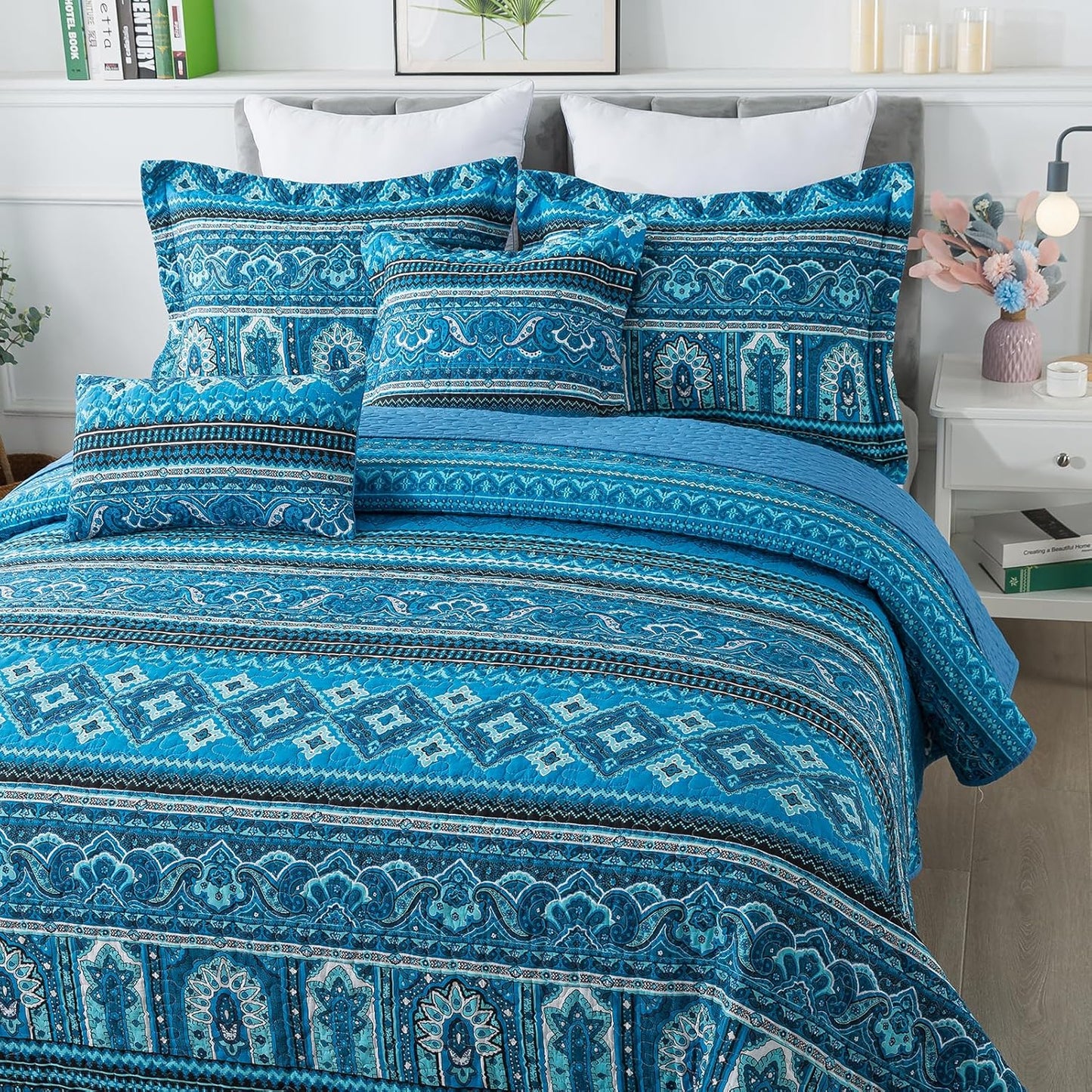 BEDIFANY Cotton Queen Quilt Sets, Lightweight Boho Queen Size Quilt Bedding Set with 2 Pillow Shams for Bed Decorations, Reversible Quilted Bedspread Coverlets for All Seasons