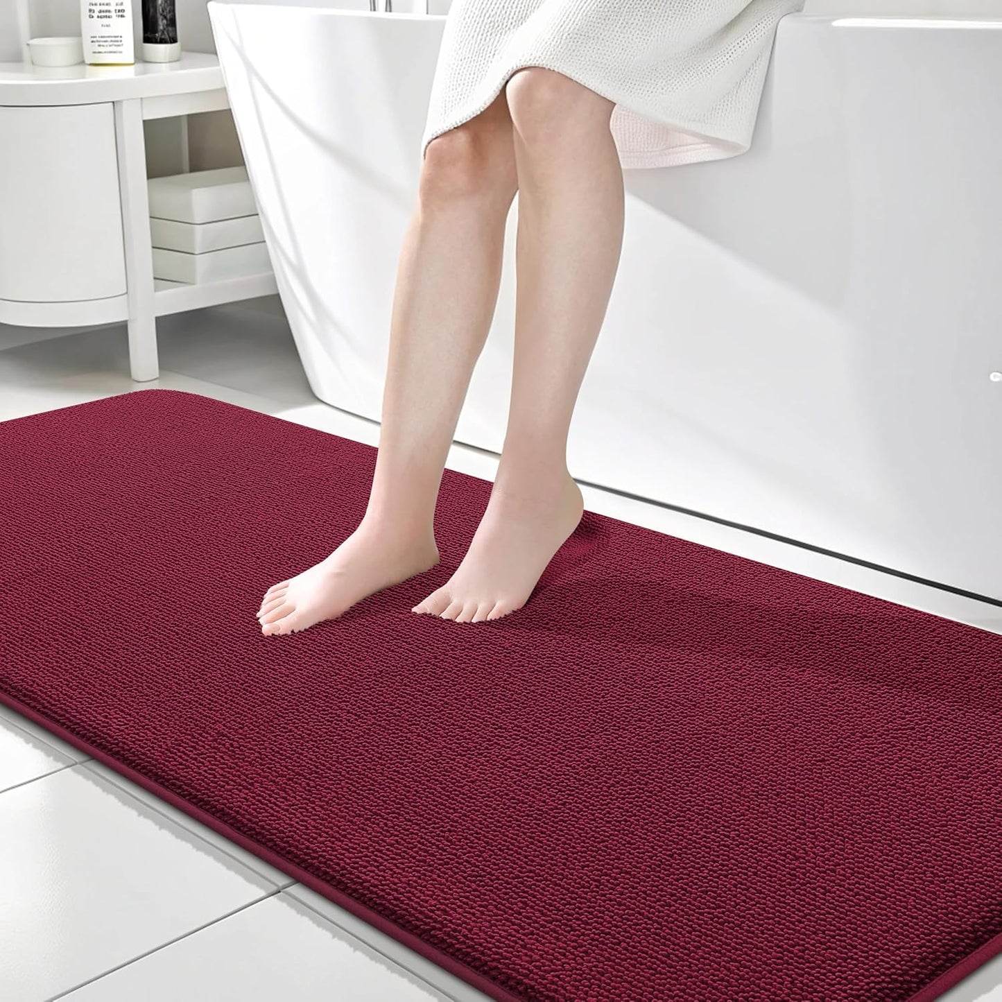 OLANLY Thick Memory Foam Bath Mat Rug 70x24, Extra Soft Absorbent Bathroom Rug, Quick Dry Bath Mats, Non-Slip, Machine Washable Carpet for Bathroom, Tub and Shower, Home Decor Accessories, Burgundy
