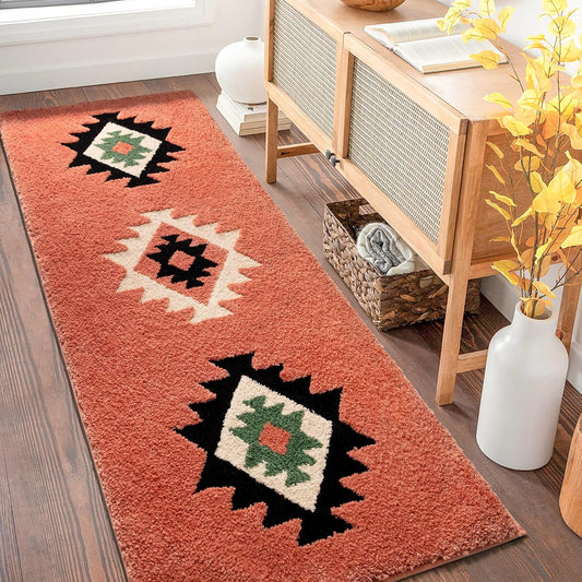 DEXDE Bathroom Rugs 20x47 Boho Bath Mat Non-Slip Long Bath Rug Runner Luxury Soft Absorbent Carpet for Bathroom Shower Kitchen Entryway Western Farmhouse Decor,Coral Red