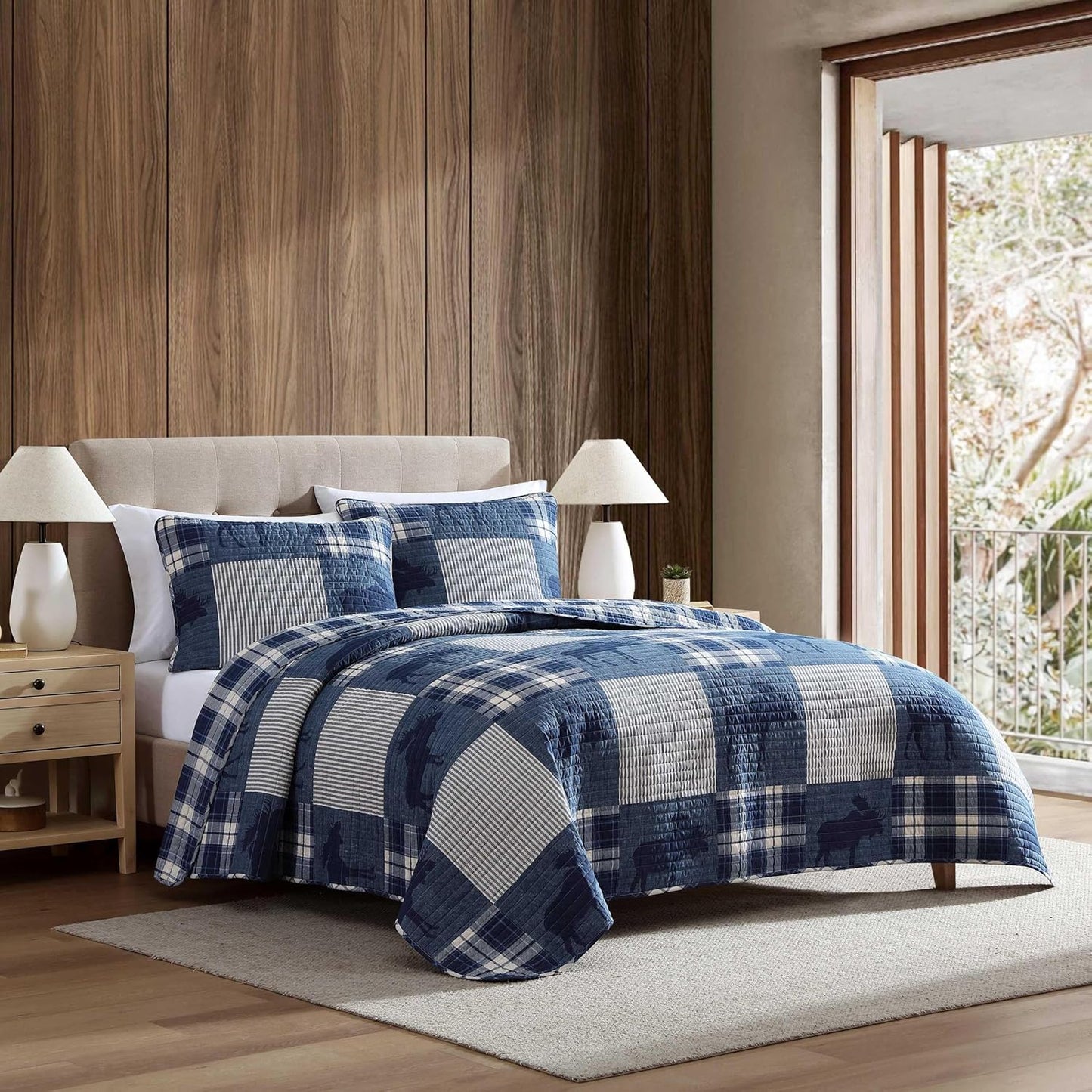 Eddie Bauer - King Quilt Set, Naturally Soft Cotton Bedding w/a Lightweight Feel for All-Year Comfort, Reversible w/Matching Pillowcases, 3 Piece Bed Set (Moose Plaid/Pinstripe/Patchwork Blue)