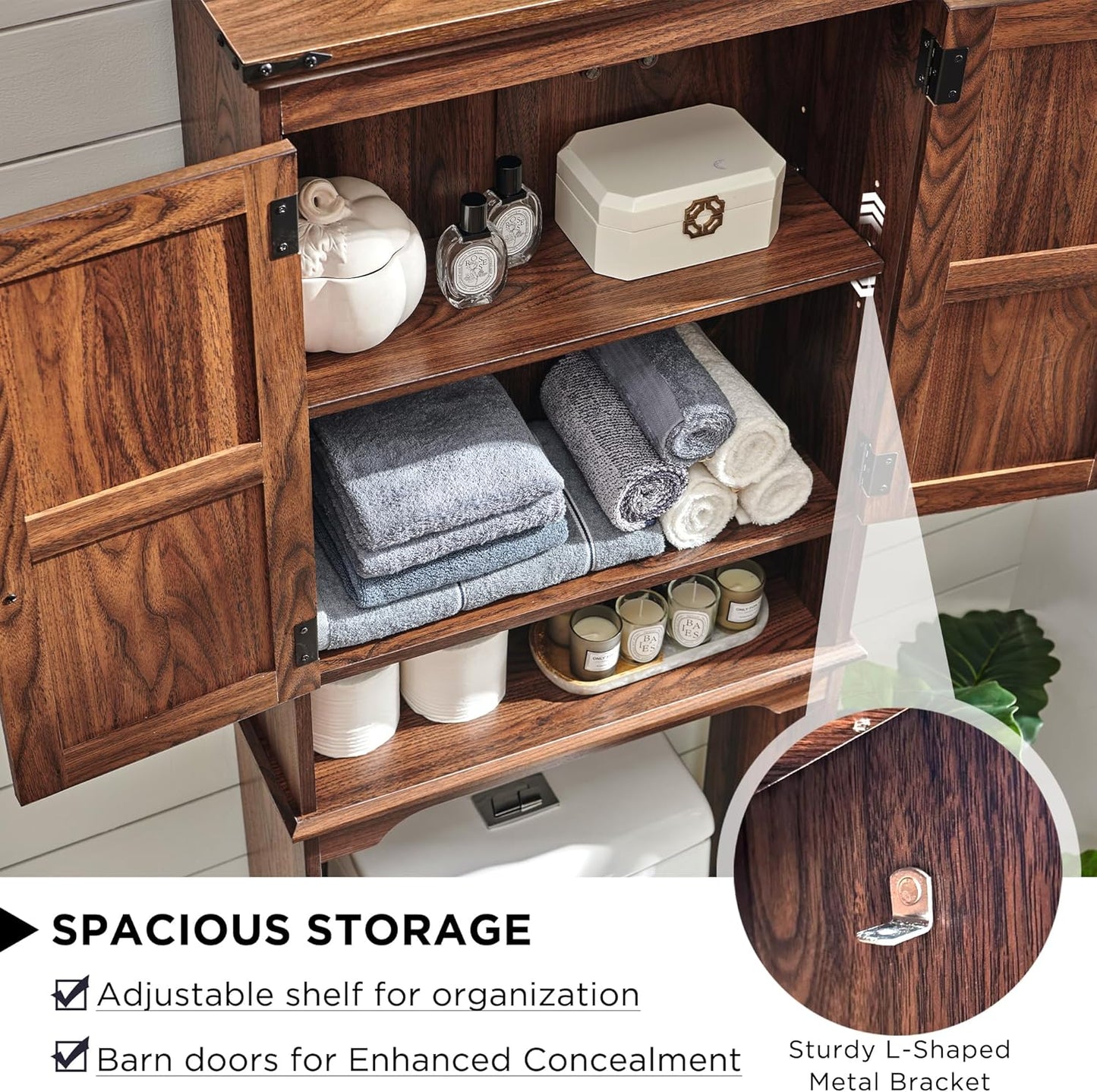 ACCOHOHO Over The Toilet Storage Cabinet, Farmhouse Bathroom Cabinet with Adjustable Shelf & Barn Door, 67" Tall Over The Toilet Shelf, Brown